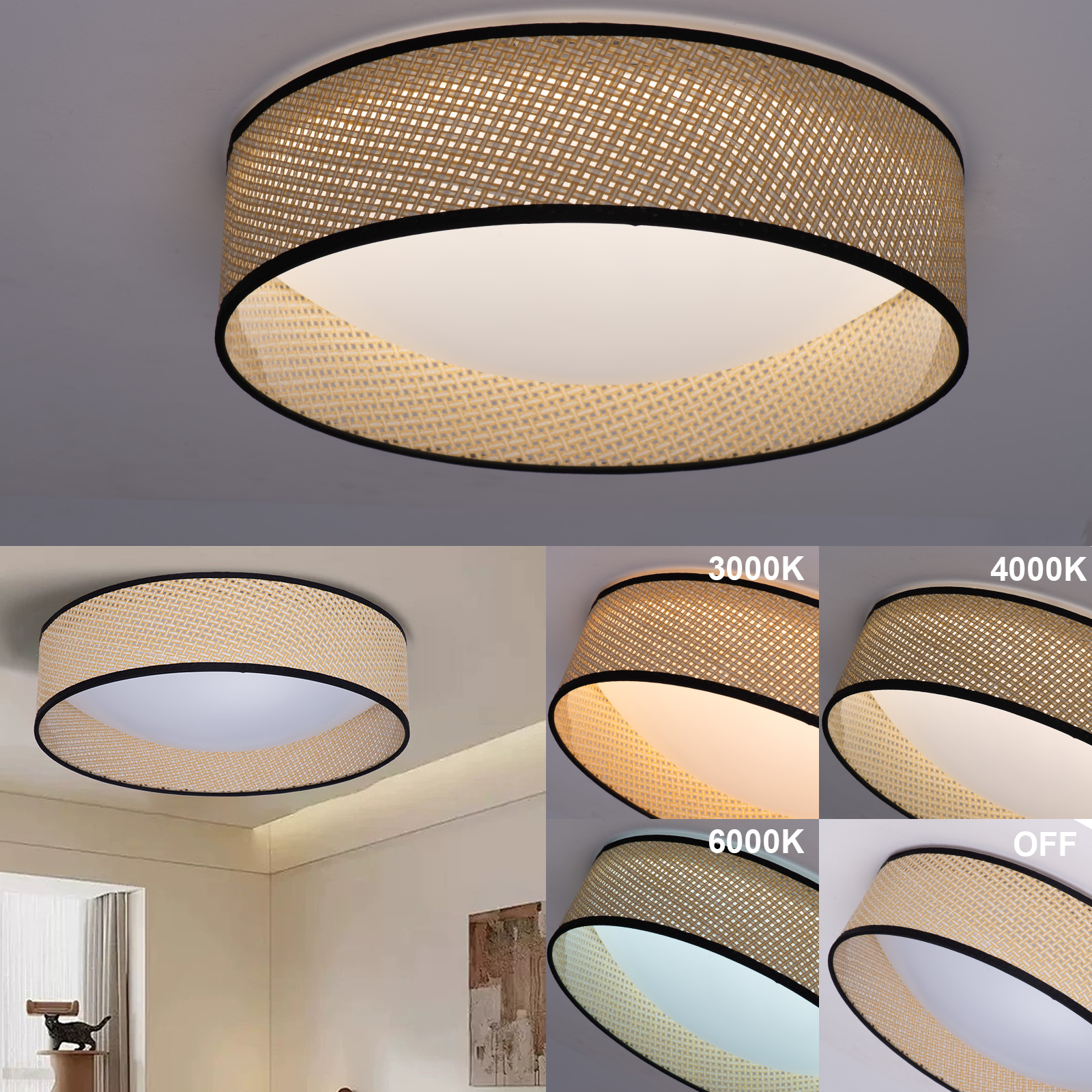 Una lámpara de techo redonda con pantalla de ratán, que muestra diferentes temperaturas de color de la luz.