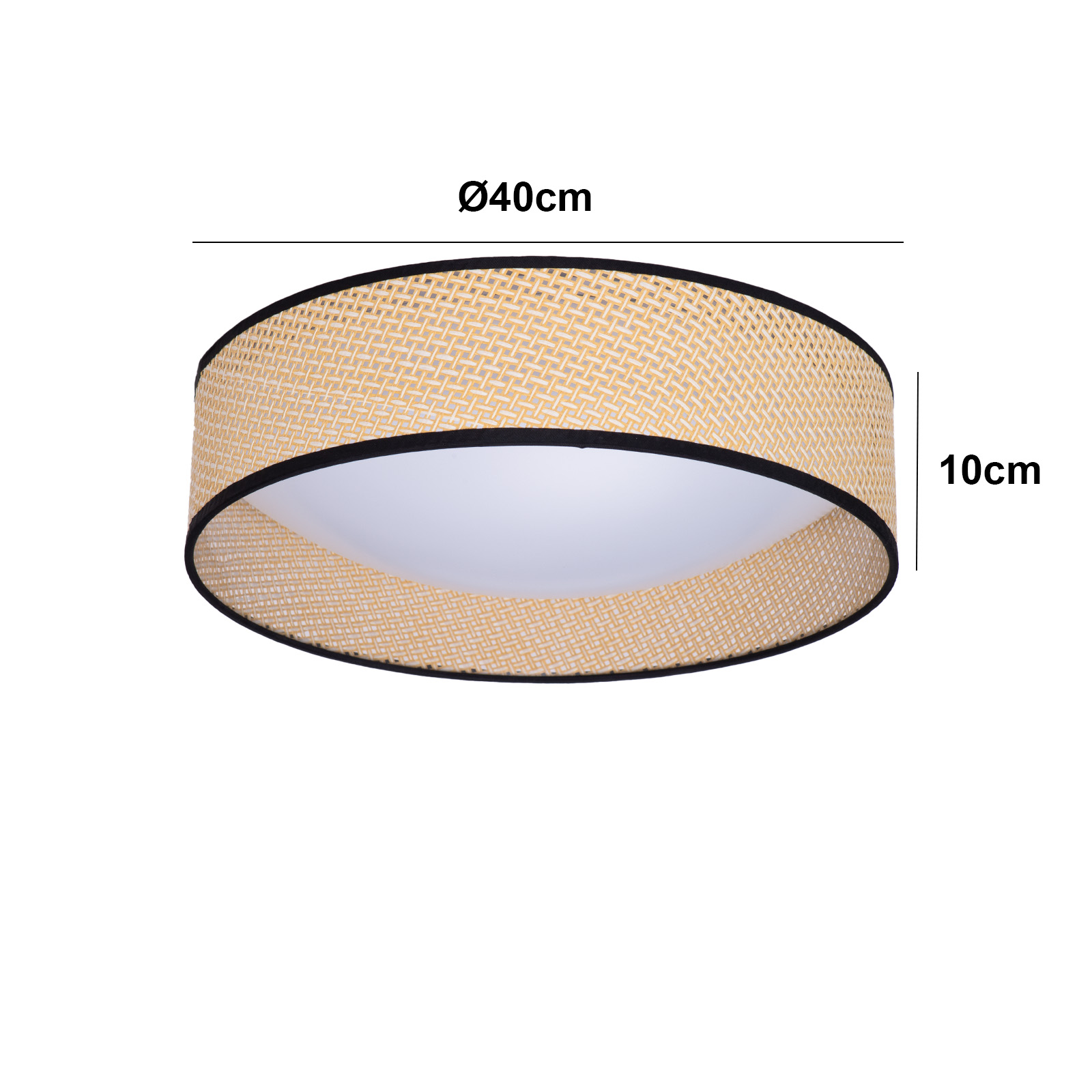 Luz de techo circular con pantalla beige tejida. Dimensiones: 40cm diámetro, 10cm altura.