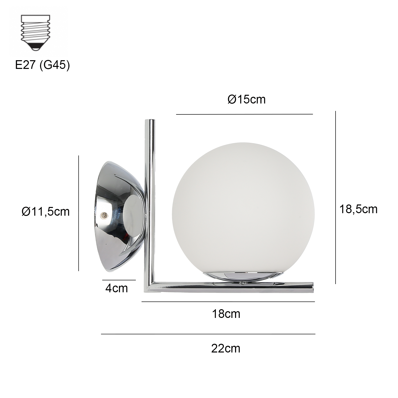 Lámpara de pared con base cromada y pantalla de vidrio esférica esmerilada. Dimensiones etiquetadas.