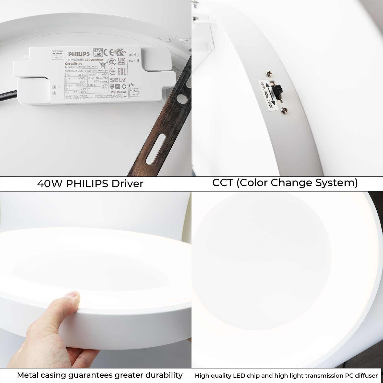Primer plano de componentes de iluminación. Incluye un controlador, un interruptor y un chip LED de alta calidad.
