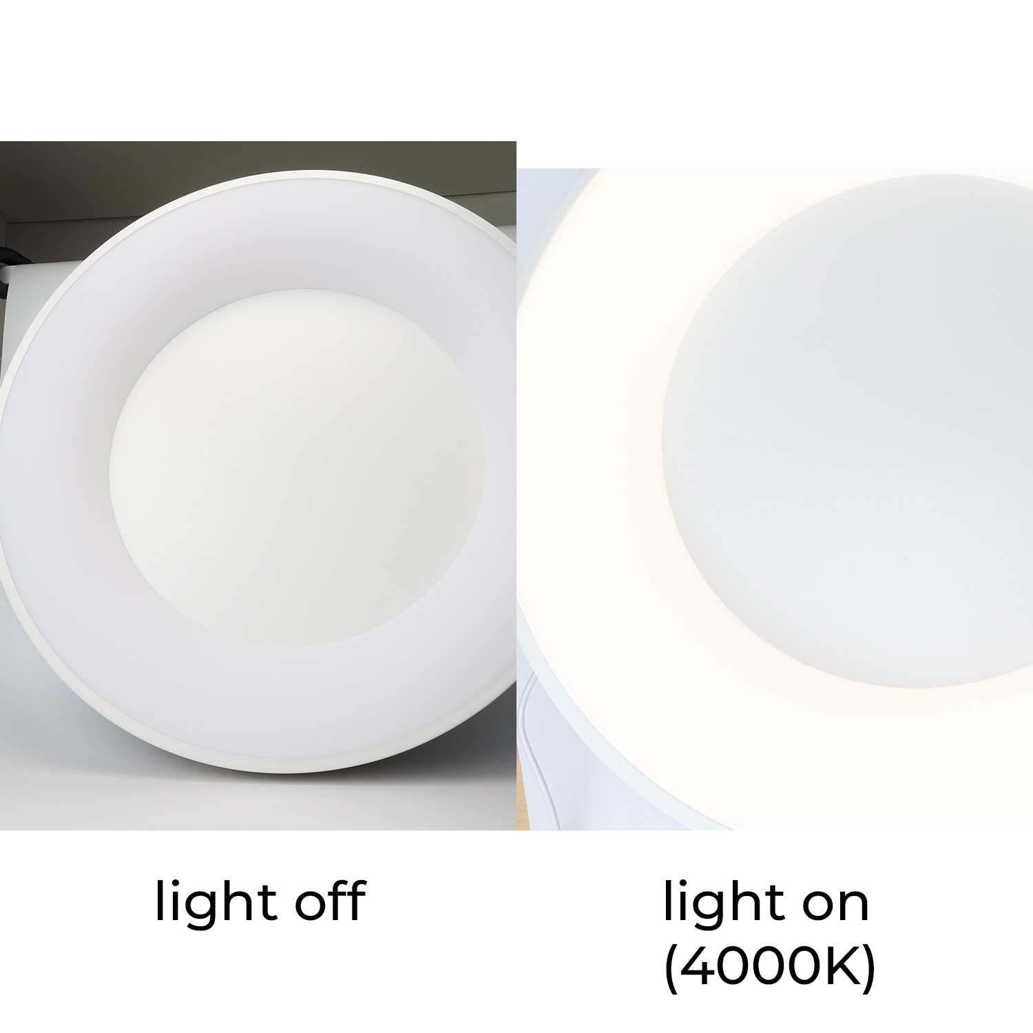 Luz LED redonda, apagada y encendida. Blanco cuando está apagada y blanco brillante cuando está encendida a 4000K.