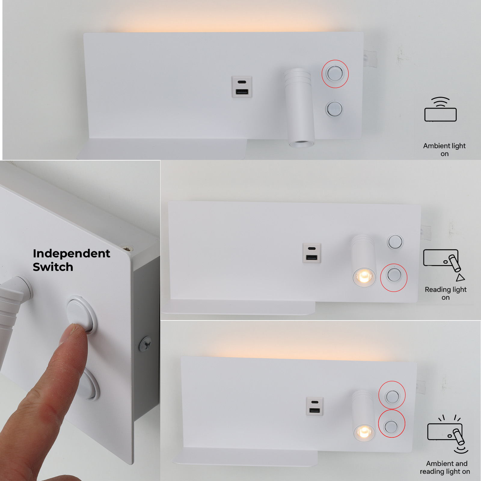 Lámpara de pared con opciones de interruptor independientes: luz ambiental, luz de lectura y ambas. Un dedo presiona un interruptor.