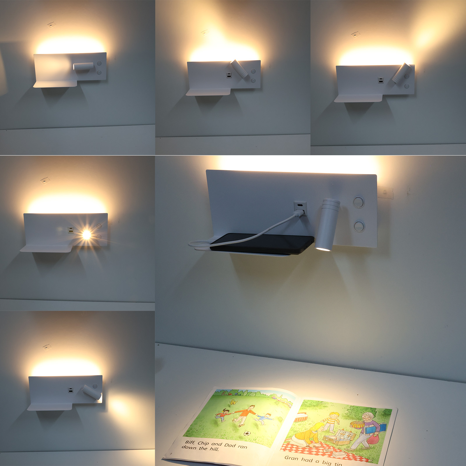 Varias imágenes de una lámpara de pared con luz ajustable y puerto USB, y un libro para leer.
