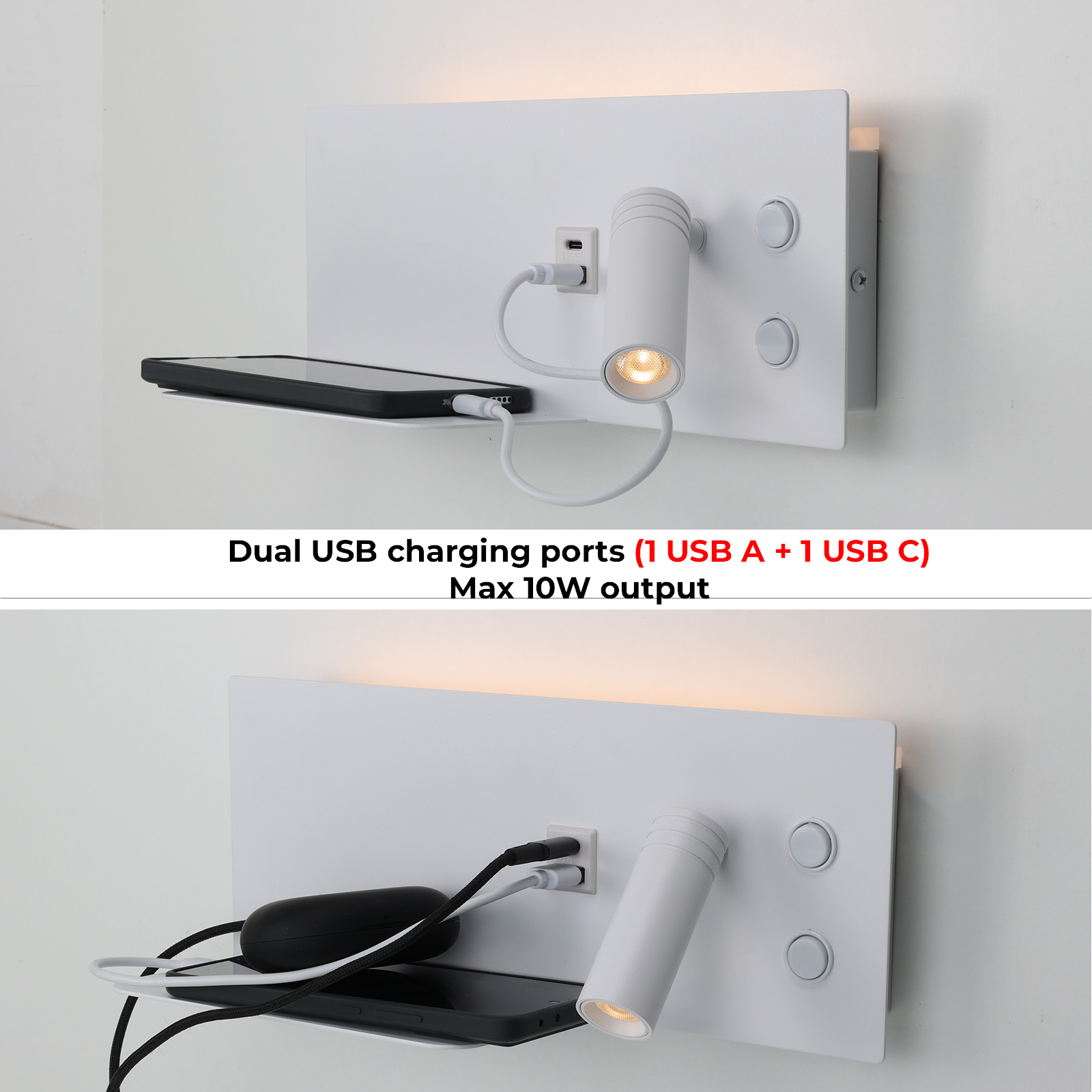 Lámpara de pared blanca con carga de teléfono. Tiene un foco y una estantería. Incluye puertos USB y botones.