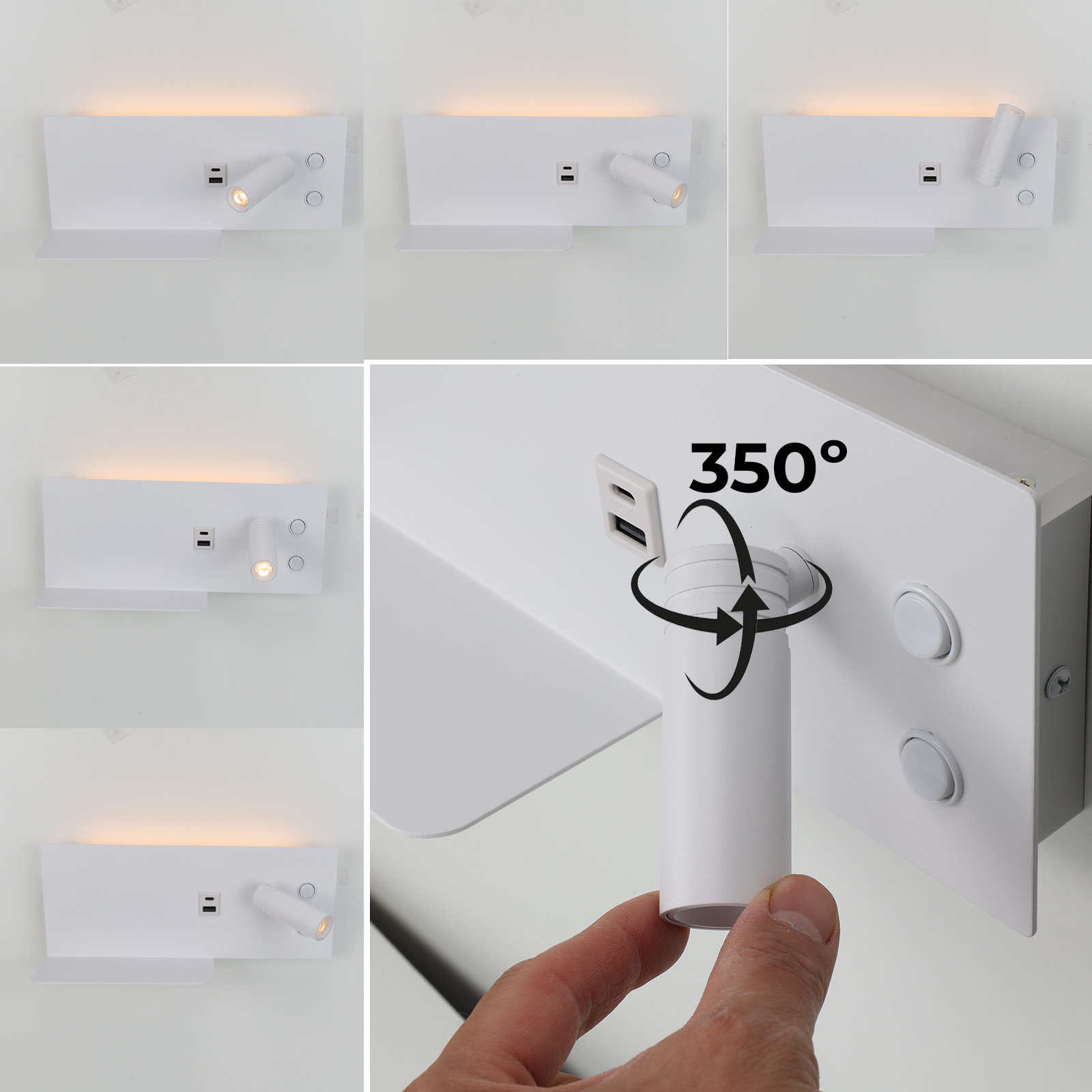 Lámparas de pared blancas con focos ajustables. La luz está encendida. Una mano gira el cabezal.