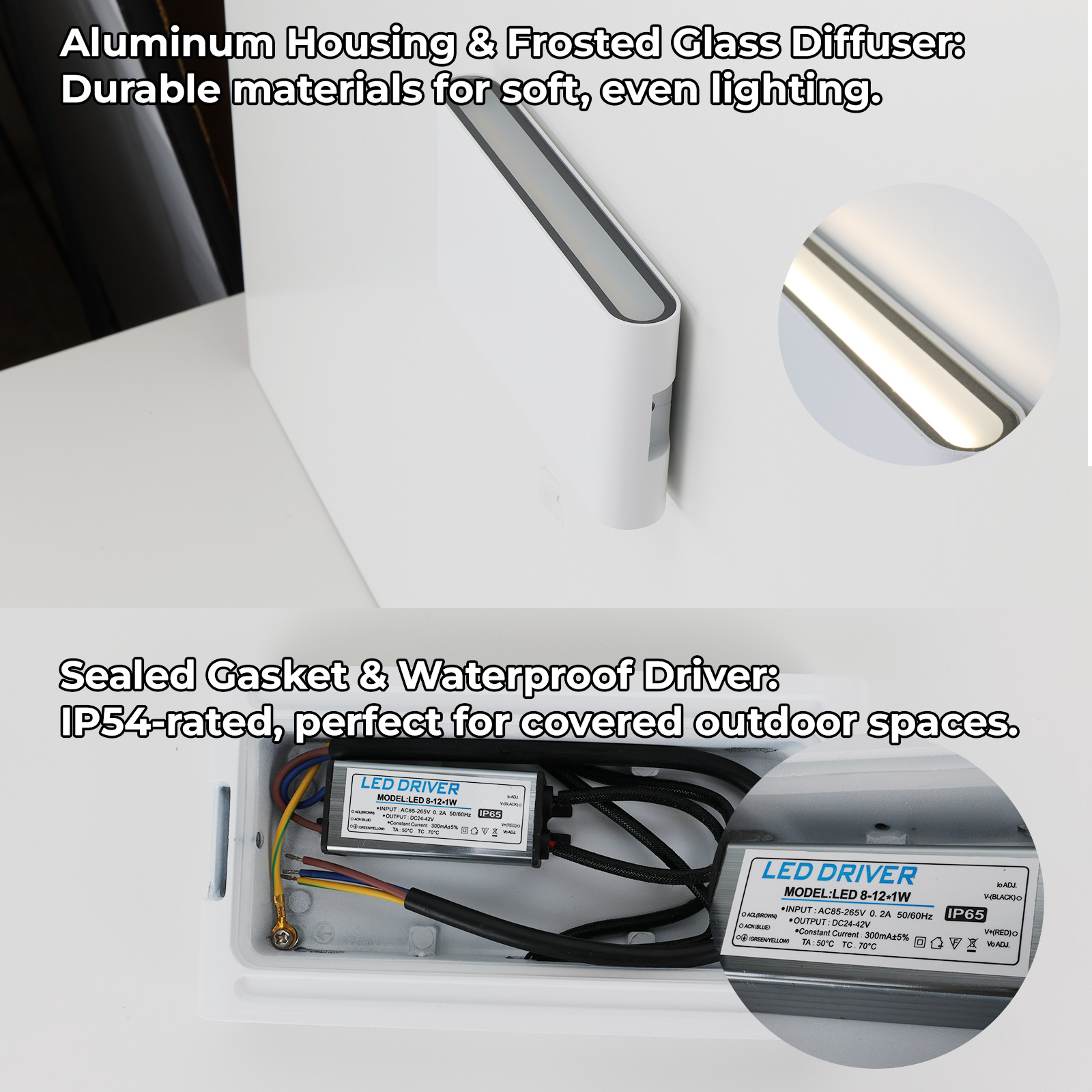 Primer plano de una luminaria LED con texto sobre carcasa de aluminio y características impermeables.