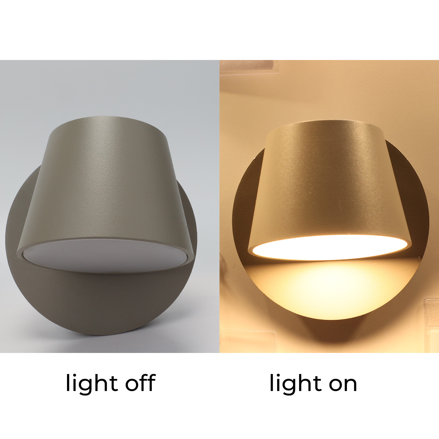 Dos imágenes de una lámpara de pared. Una muestra la lámpara apagada, la otra la lámpara encendida e iluminada.