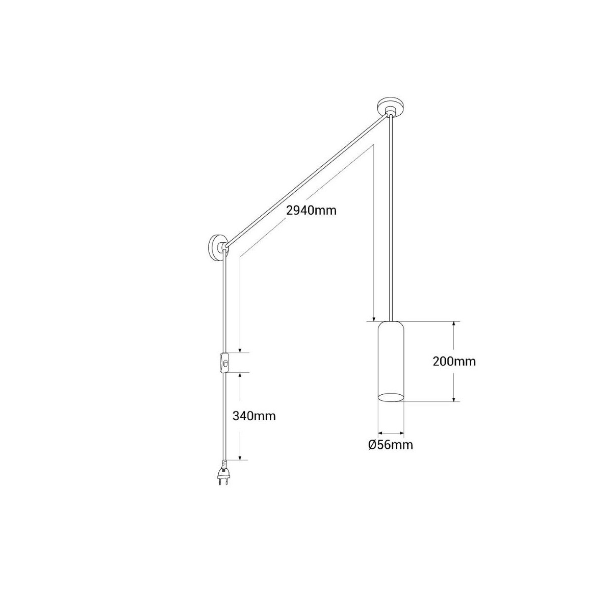 Un dibujo lineal muestra una lámpara colgante con una lámpara cilíndrica y dimensiones etiquetadas.