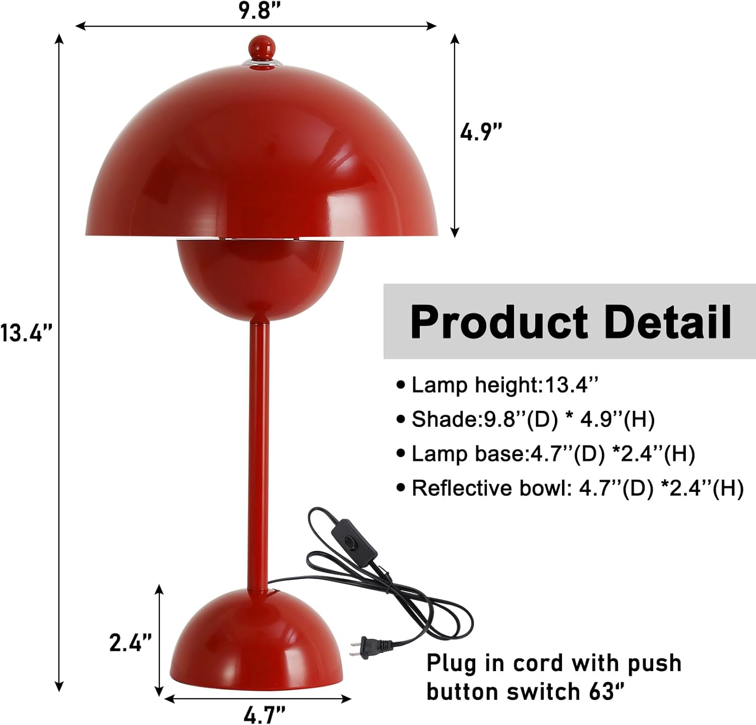 Lámpara de mesa roja con pantalla en forma de cúpula, detalles de dimensiones e interruptor de cable.
