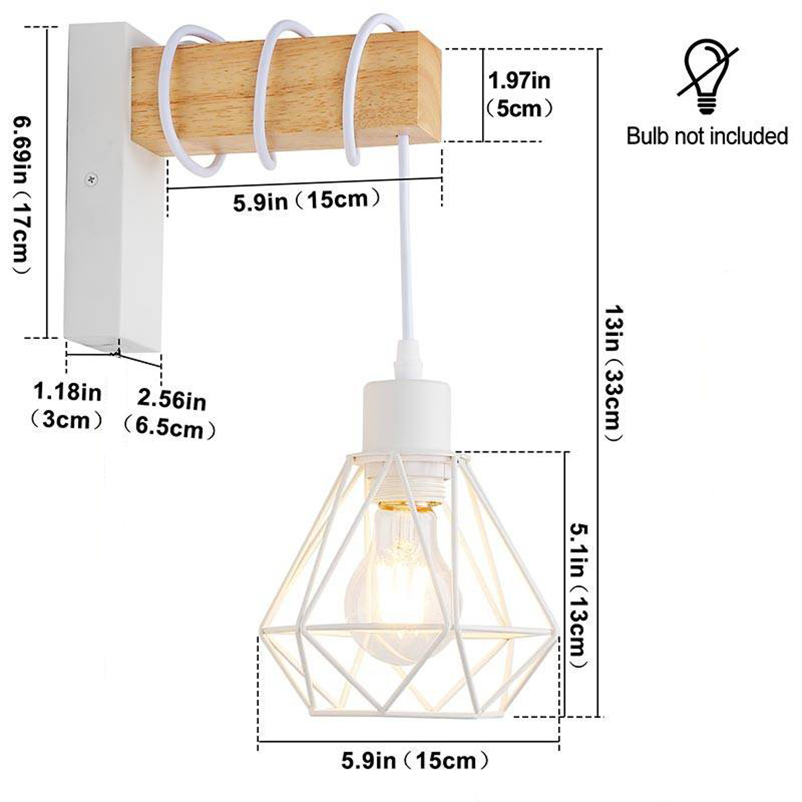 Lámpara de pared blanca y madera con pantalla geométrica, se muestran dimensiones.