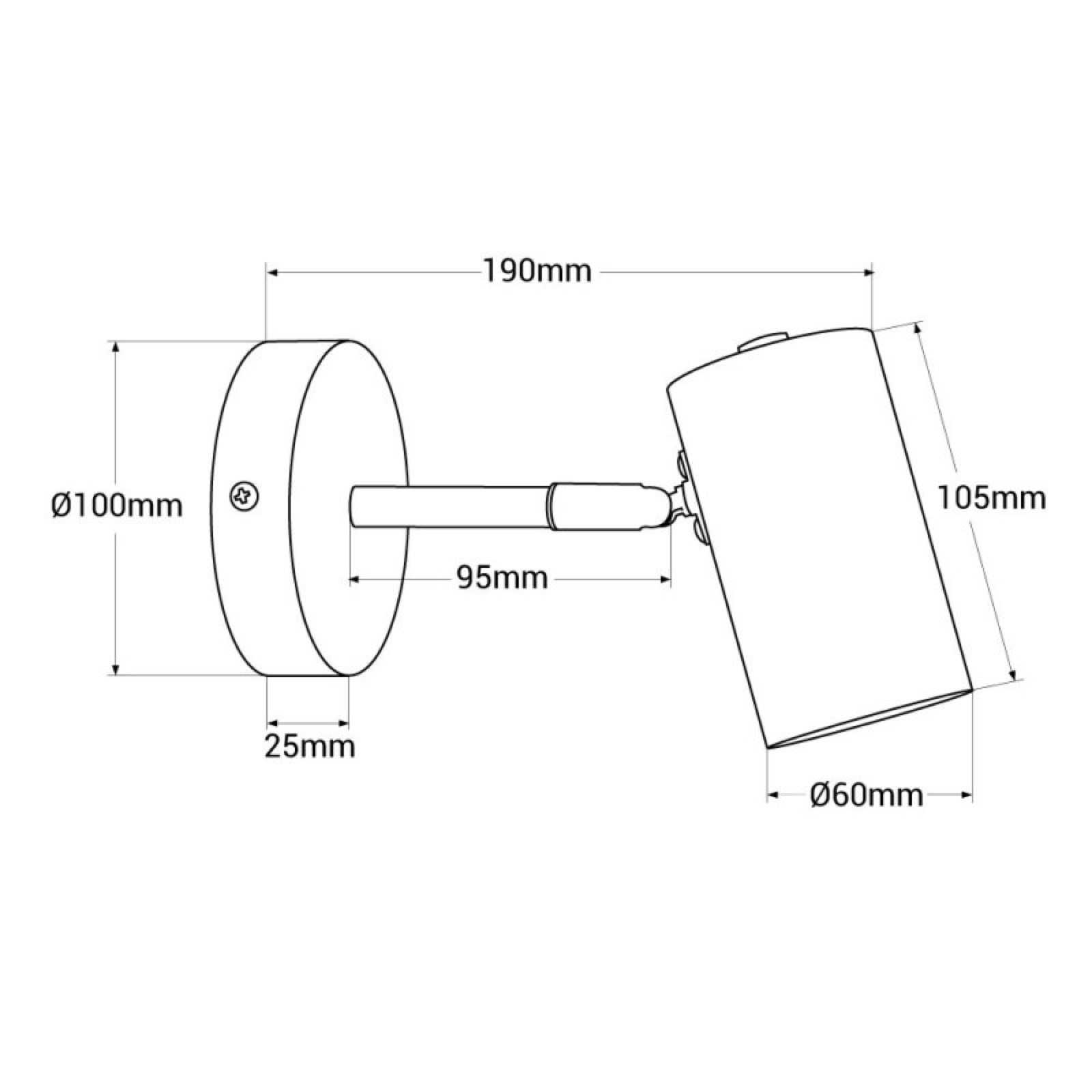 Dibujo técnico de un foco blanco montado en la pared, con dimensiones en milímetros.
