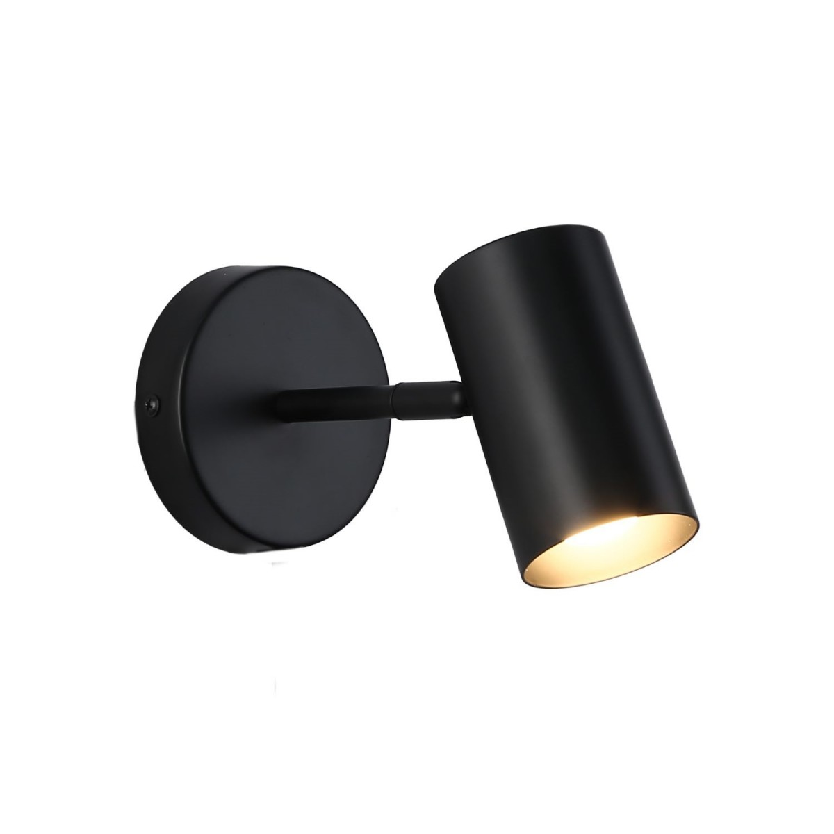Foco negro montado en pared, con base redonda y cabezal ajustable, en ángulo.