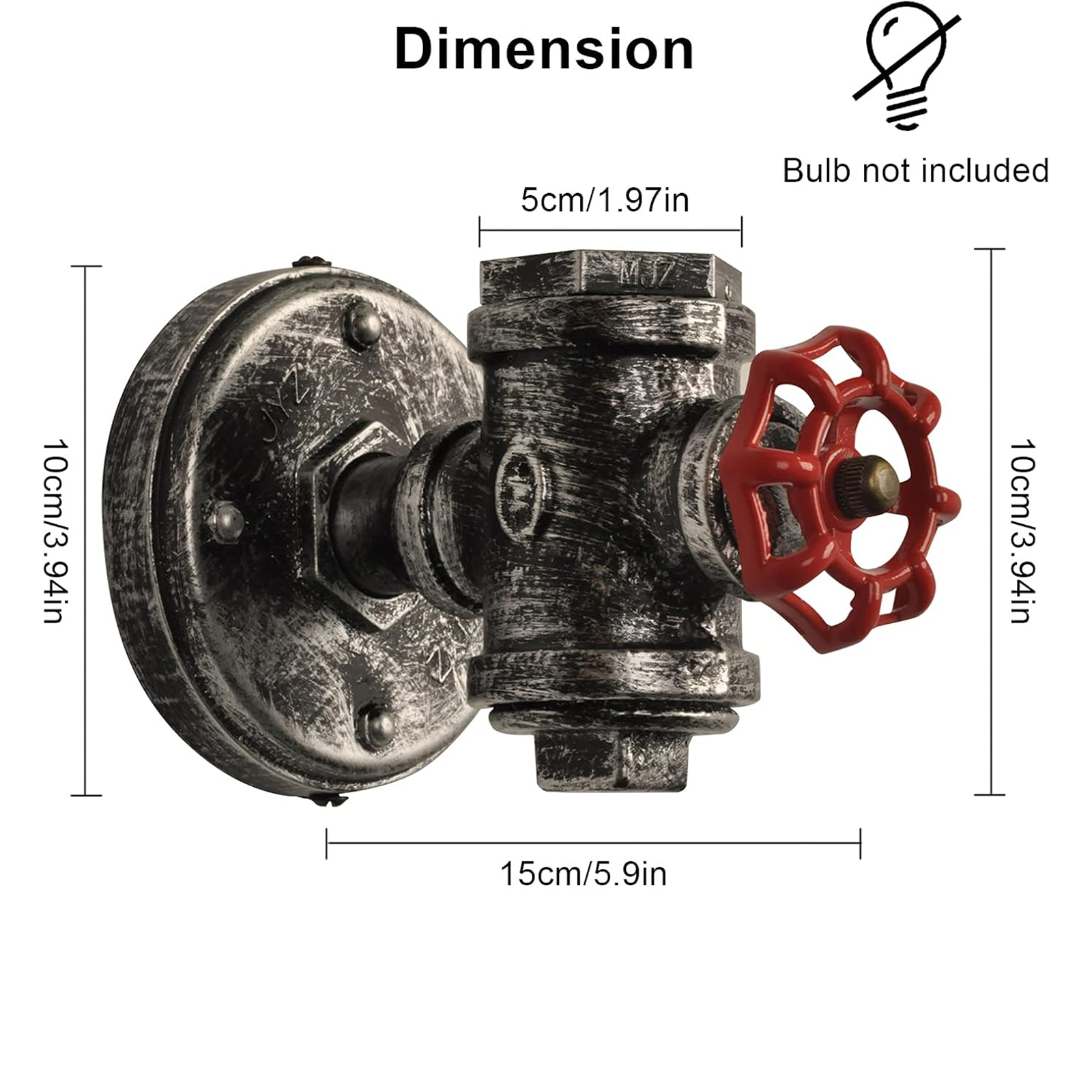 Dibujo técnico de una lámpara de pared vintage mostrando dimensiones en cm y pulgadas, bombilla no incluida.