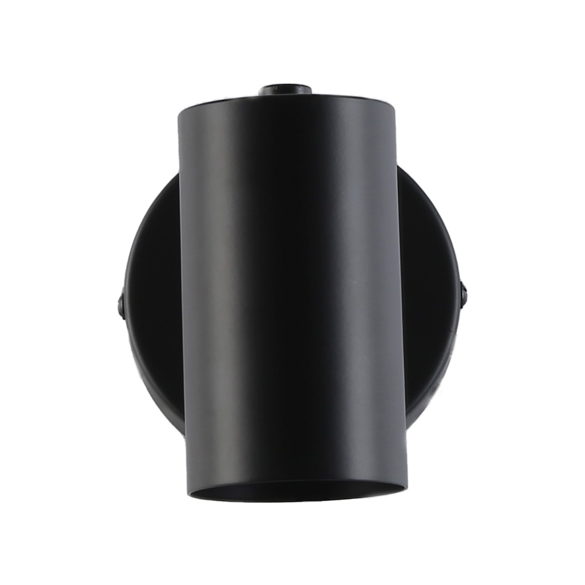 Lámpara de pared negra, forma cilíndrica con base circular, vista frontal.