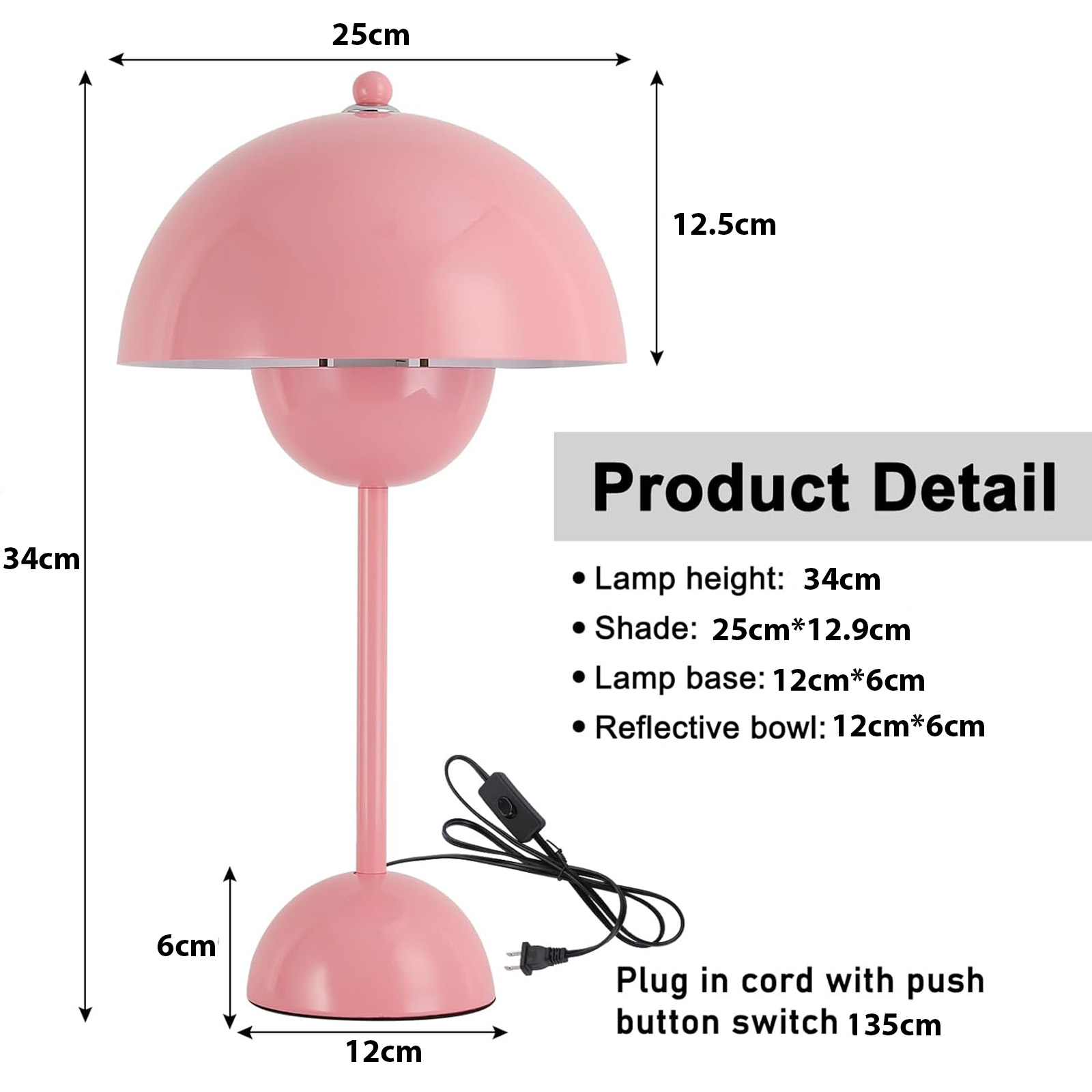 Una lámpara de mesa rosa con un diseño redondeado. Las dimensiones se proporcionan en la imagen. También se ve un enchufe y un cable.