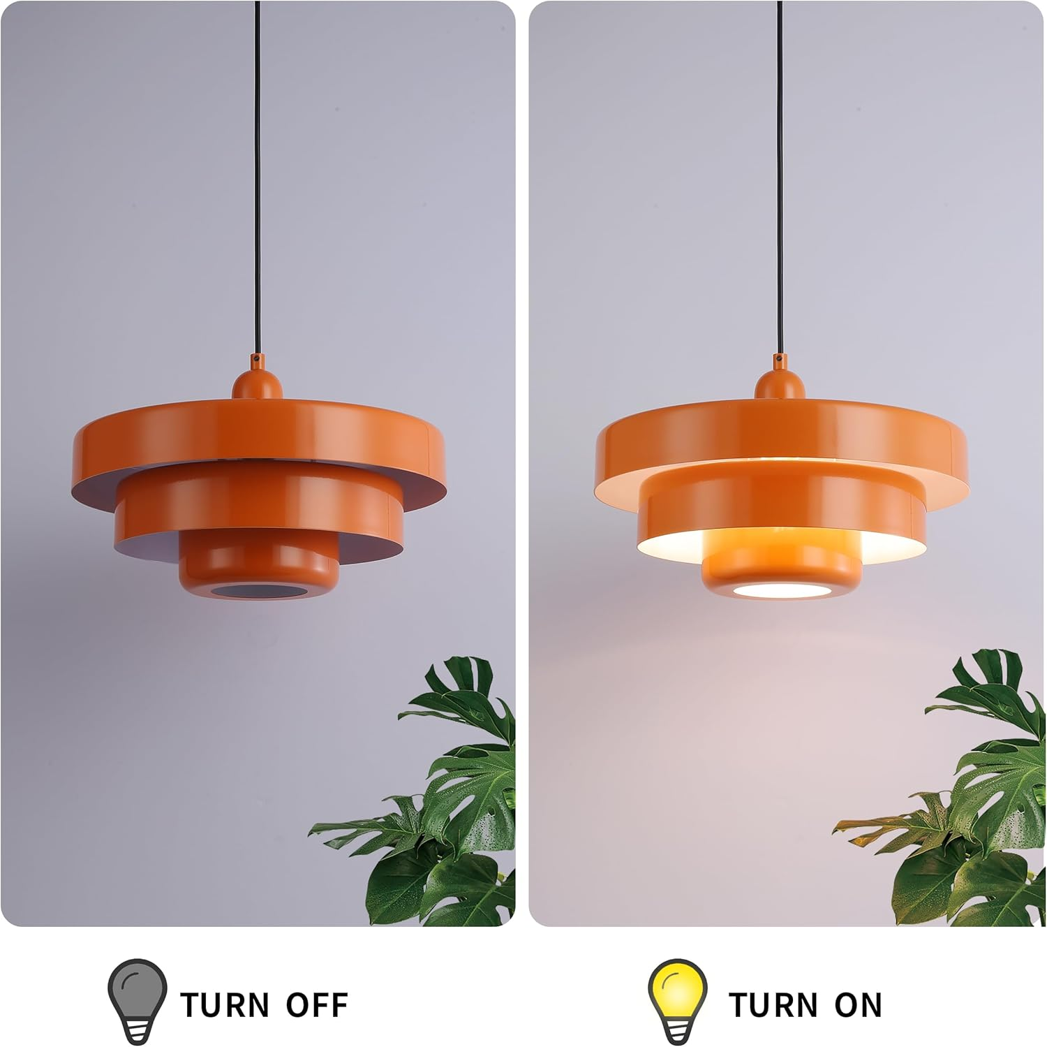 Dos imágenes de la misma lámpara colgante naranja. Una está apagada, la otra está encendida, con una luz brillante.