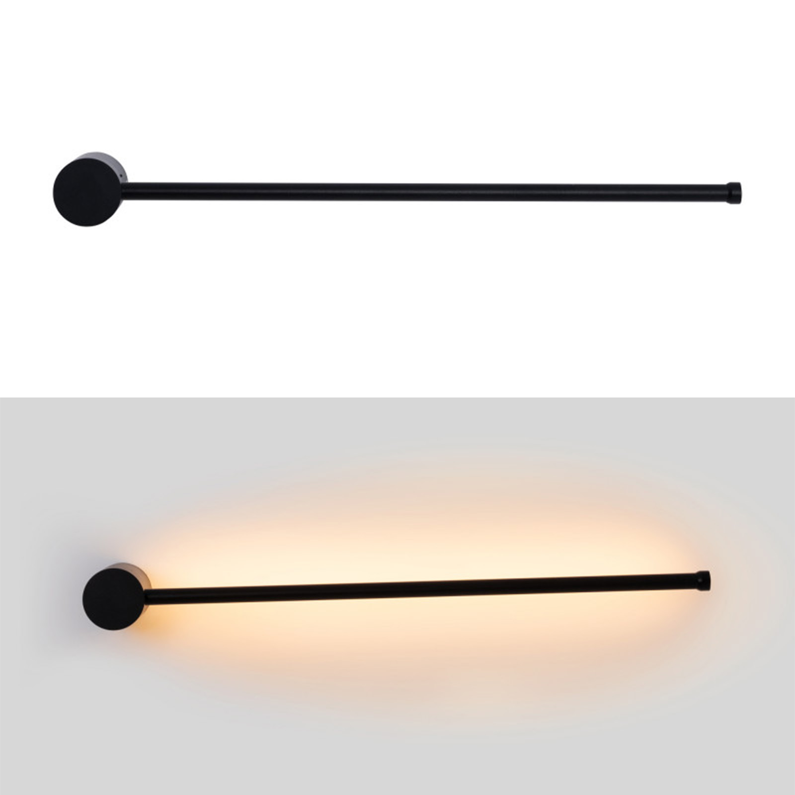 Dos luces LED lineales negras. Una está apagada, la otra encendida, mostrando un brillo cálido.