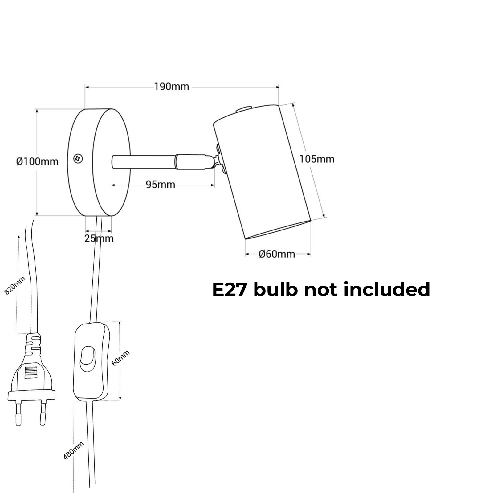 Una lámpara de pared con cabezal cilíndrico y base redonda. Dimensiones etiquetadas. Bombilla E27 no incluida.