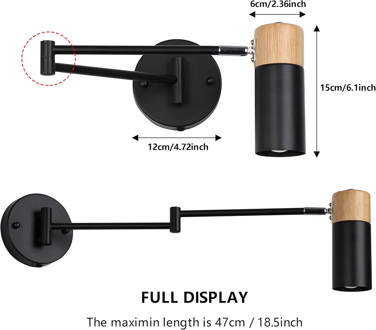 Diagrama de una lámpara de pared negra. La lámpara tiene una base circular, un brazo y un cabezal de luz cilíndrico.