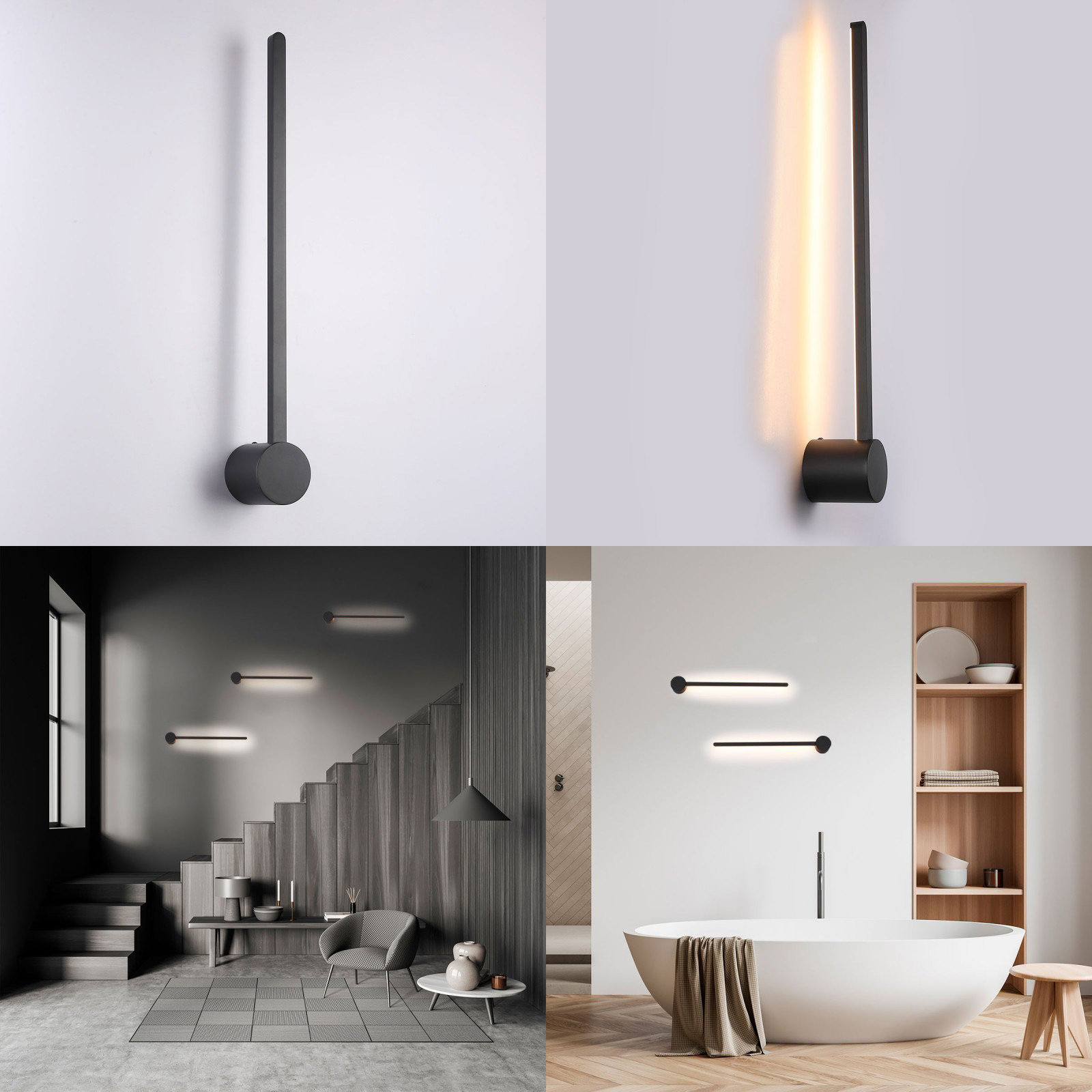 Cuatro imágenes de una lámpara de pared negra y moderna, con la luz encendida y apagada.