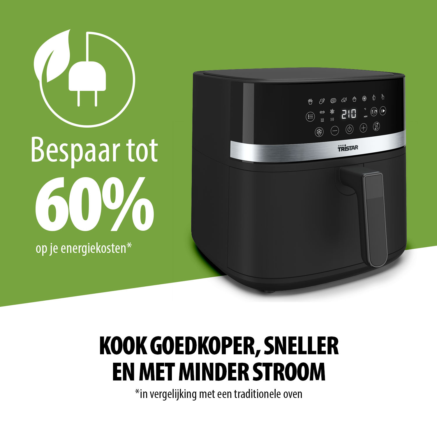 Zwarte airfryer met tekst over energiebesparing.