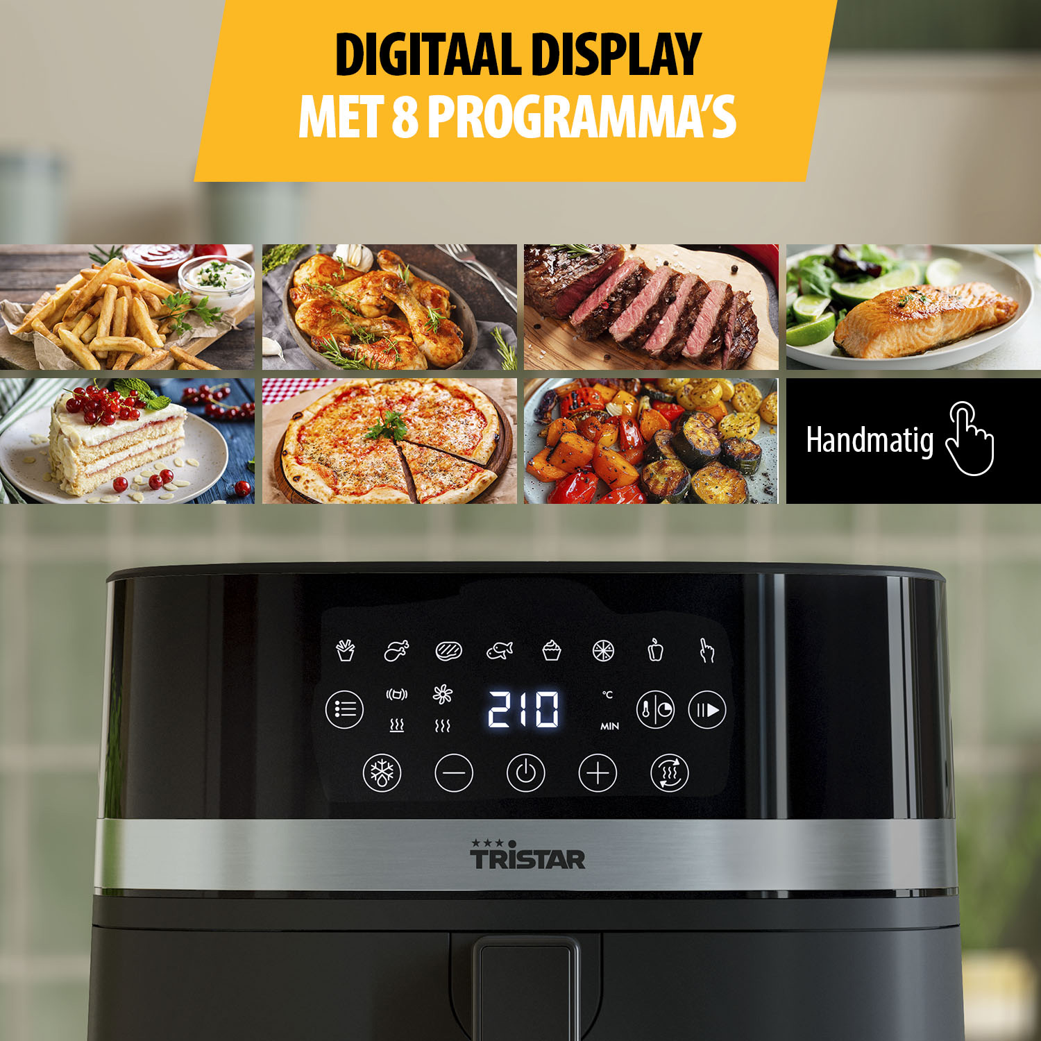 Een zwarte airfryer met een digitaal display en afbeeldingen van eten. Boven staat de tekst 'DIGITAAL DISPLAY MET 8 PROGRAMMA'S'.