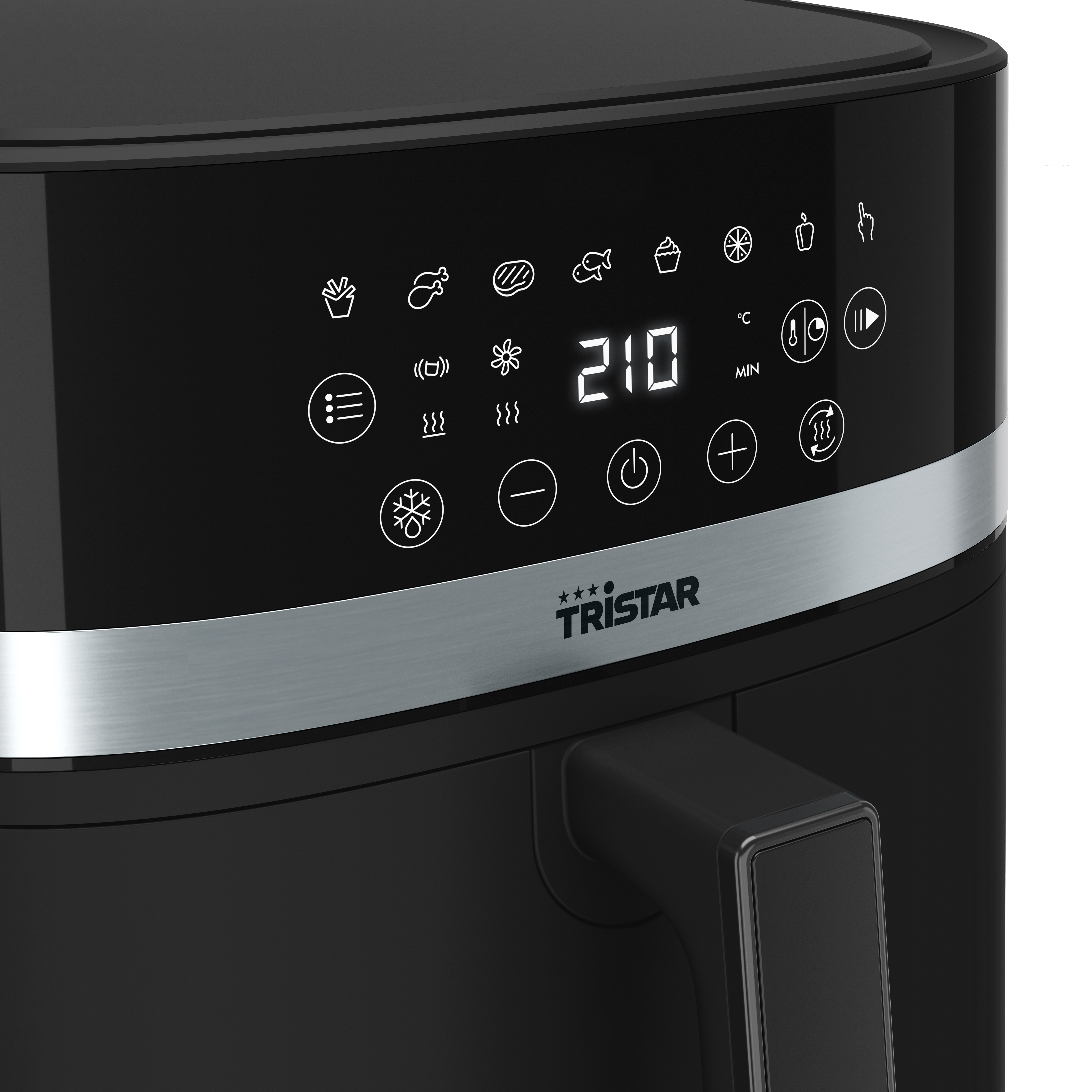Close-up van het zwarte bedieningspaneel van de airfryer met digitaal display en iconen.