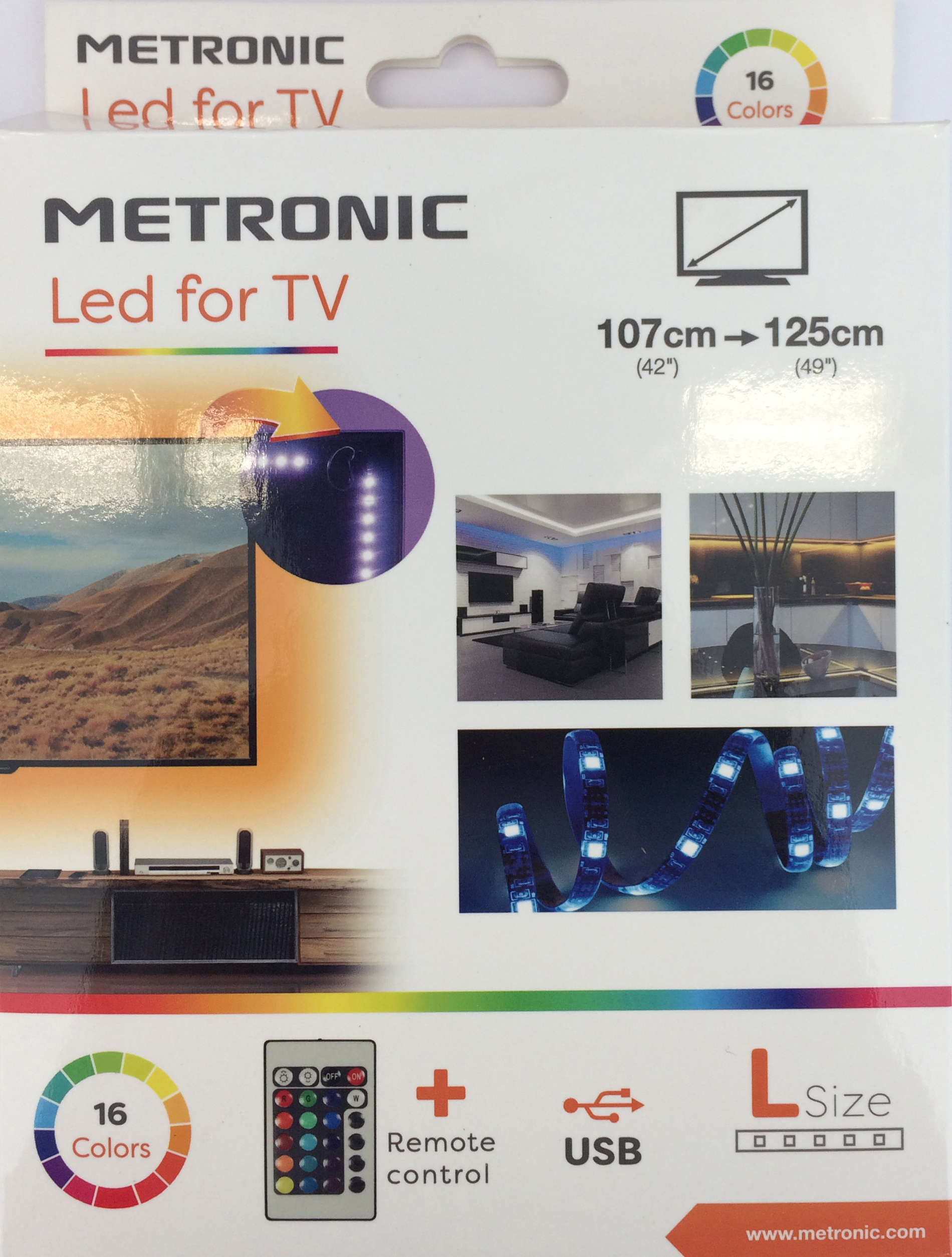 Embalaje de tira de luces LED con varias imágenes y un mando a distancia.