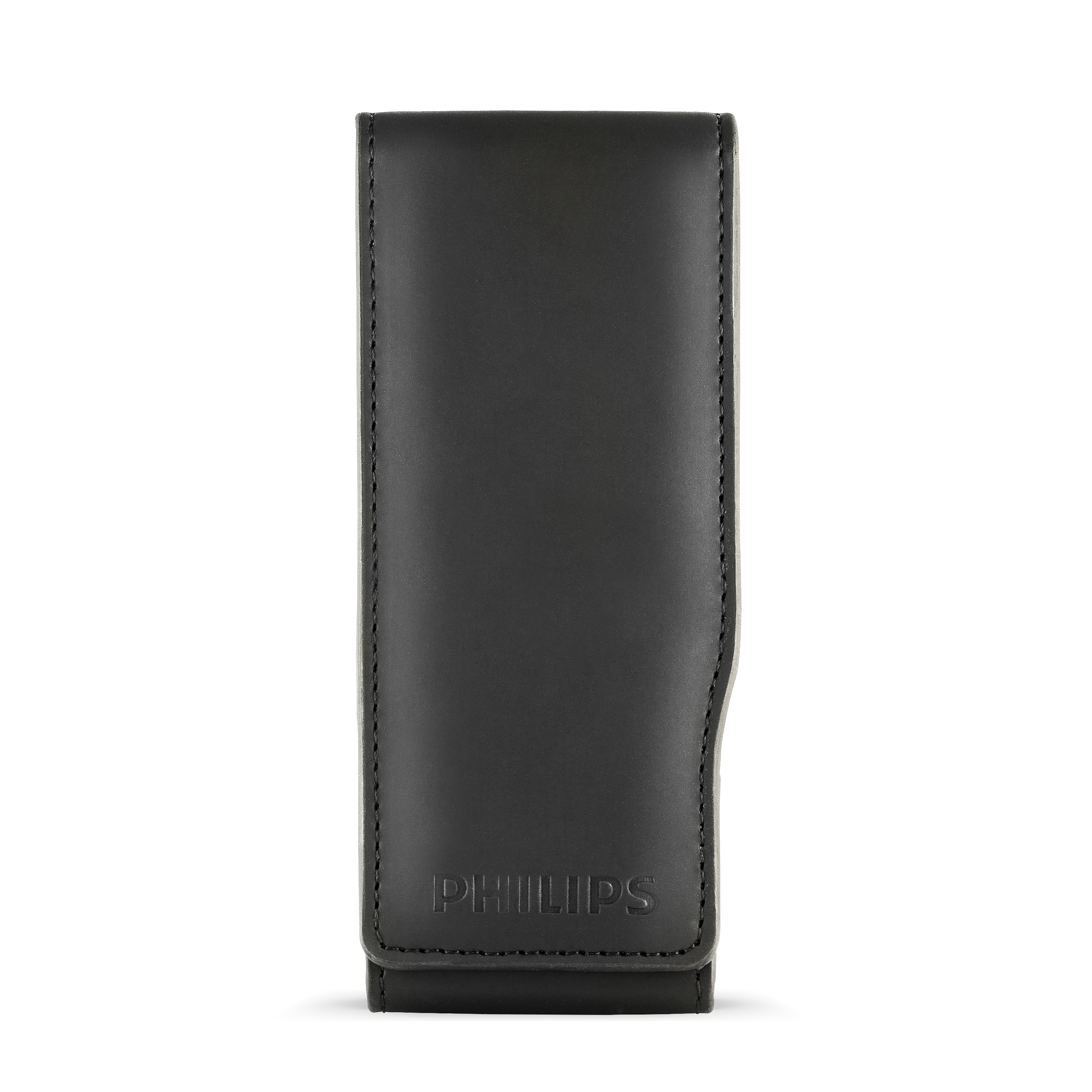 Czarny skórzany futerał. Logo Philips na dole. Tło jest białe.
