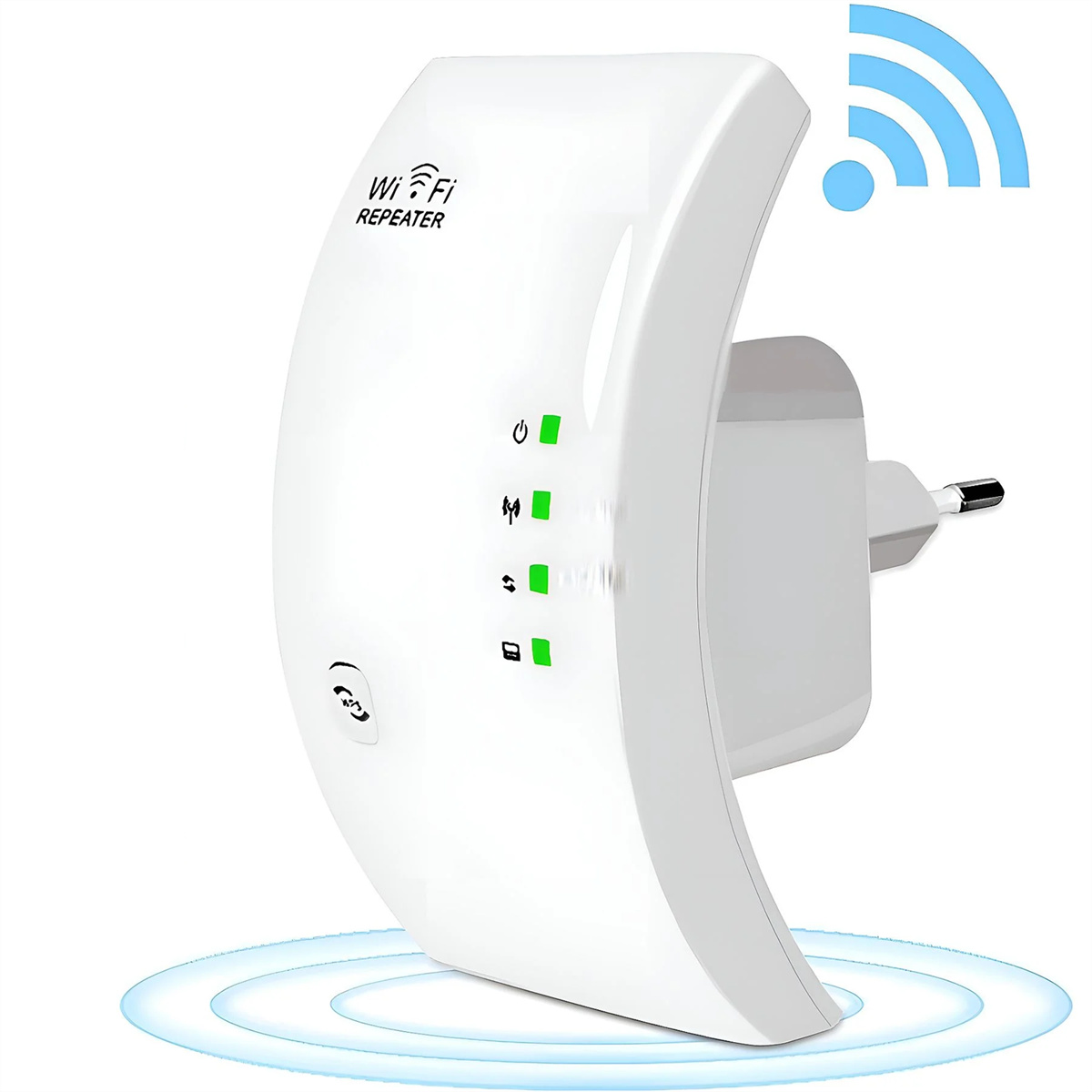 Ein weißer Wi-Fi-Repeater mit drei grünen Lichtern und einem blauen Wi-Fi-Symbol.