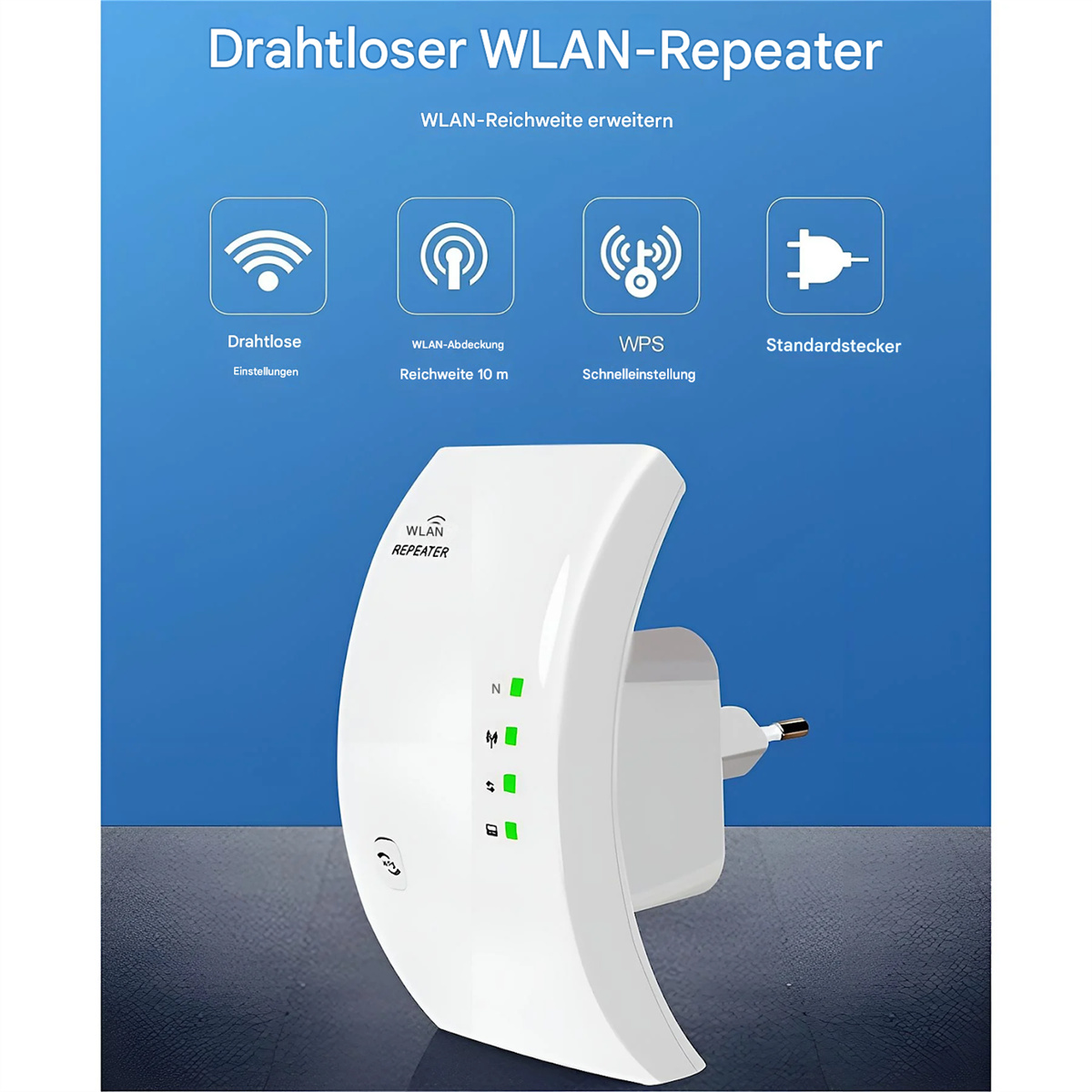 Weißer WLAN-Repeater mit Symbolen und Text, der drahtlose Einstellungen, Reichweite, WPS und einen Standardstecker anzeigt.