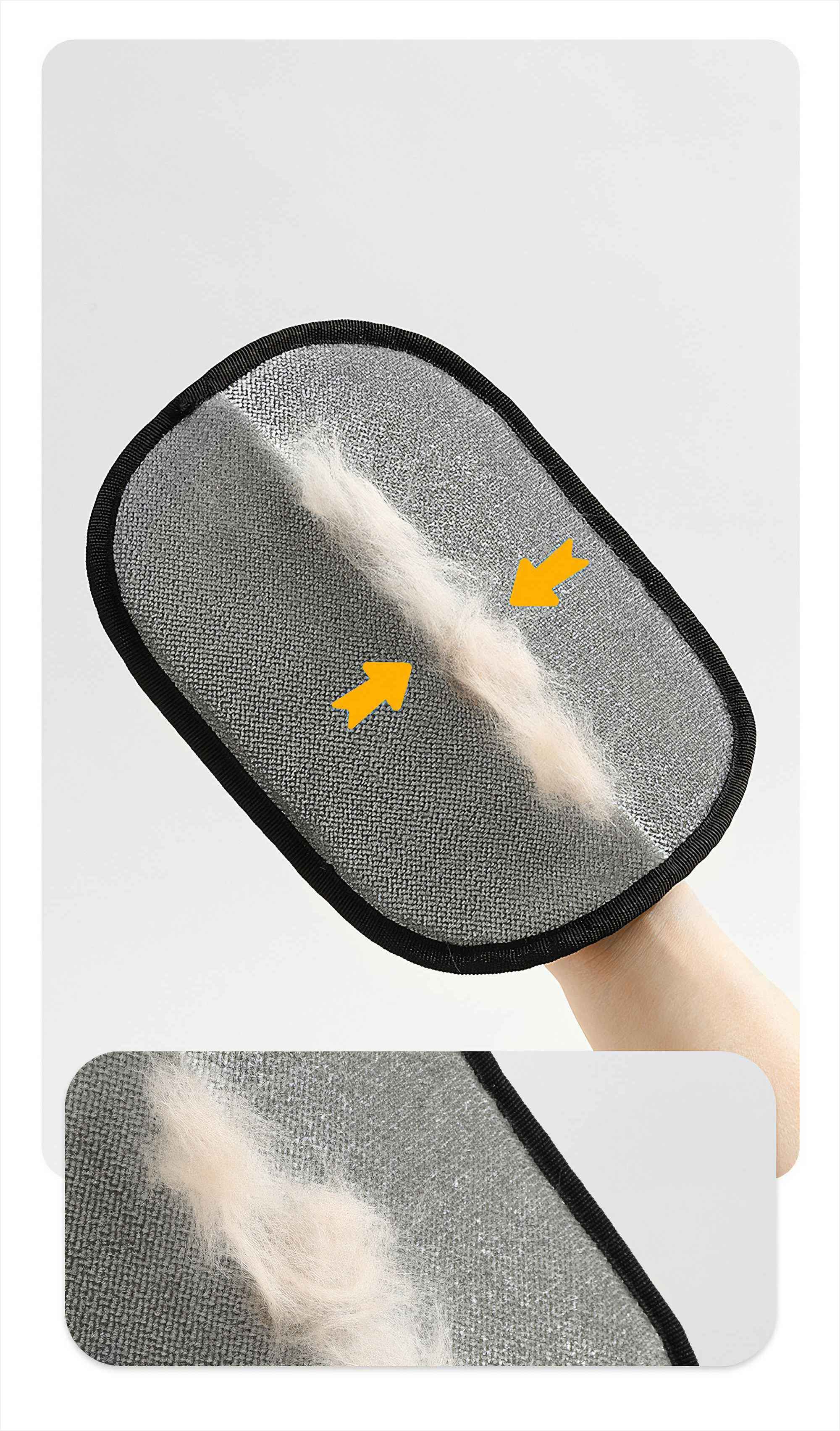 Eine Person entfernt Tierhaare von einem Werkzeug. Das Werkzeug hat eine Netzoberfläche mit einem kleinen Haarstück.