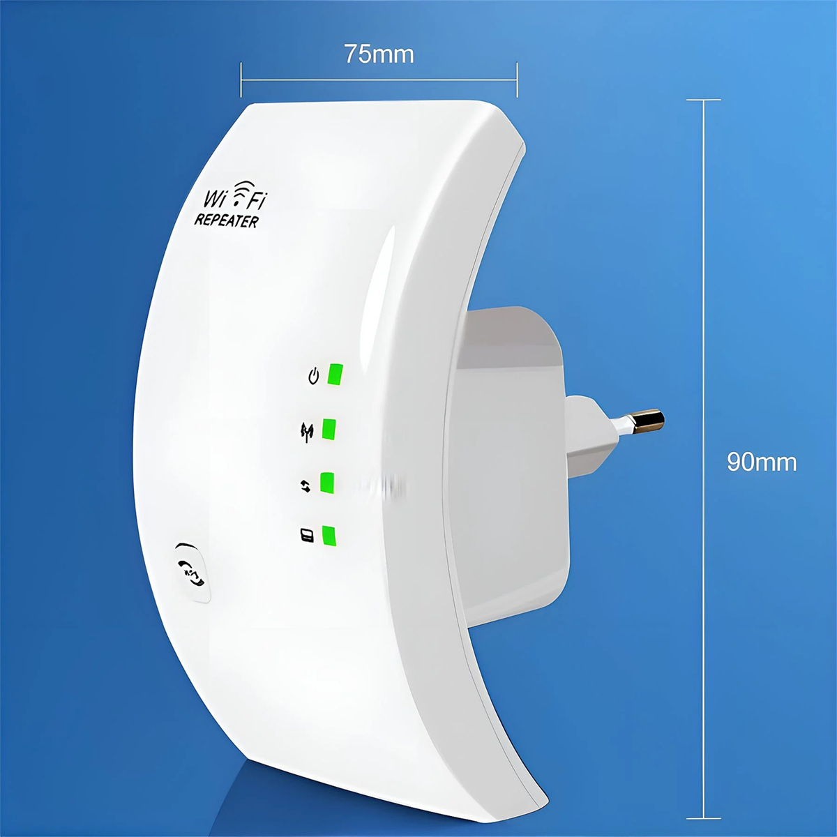 Weißer WLAN-Repeater mit grünen Kontrollleuchten und Stecker.