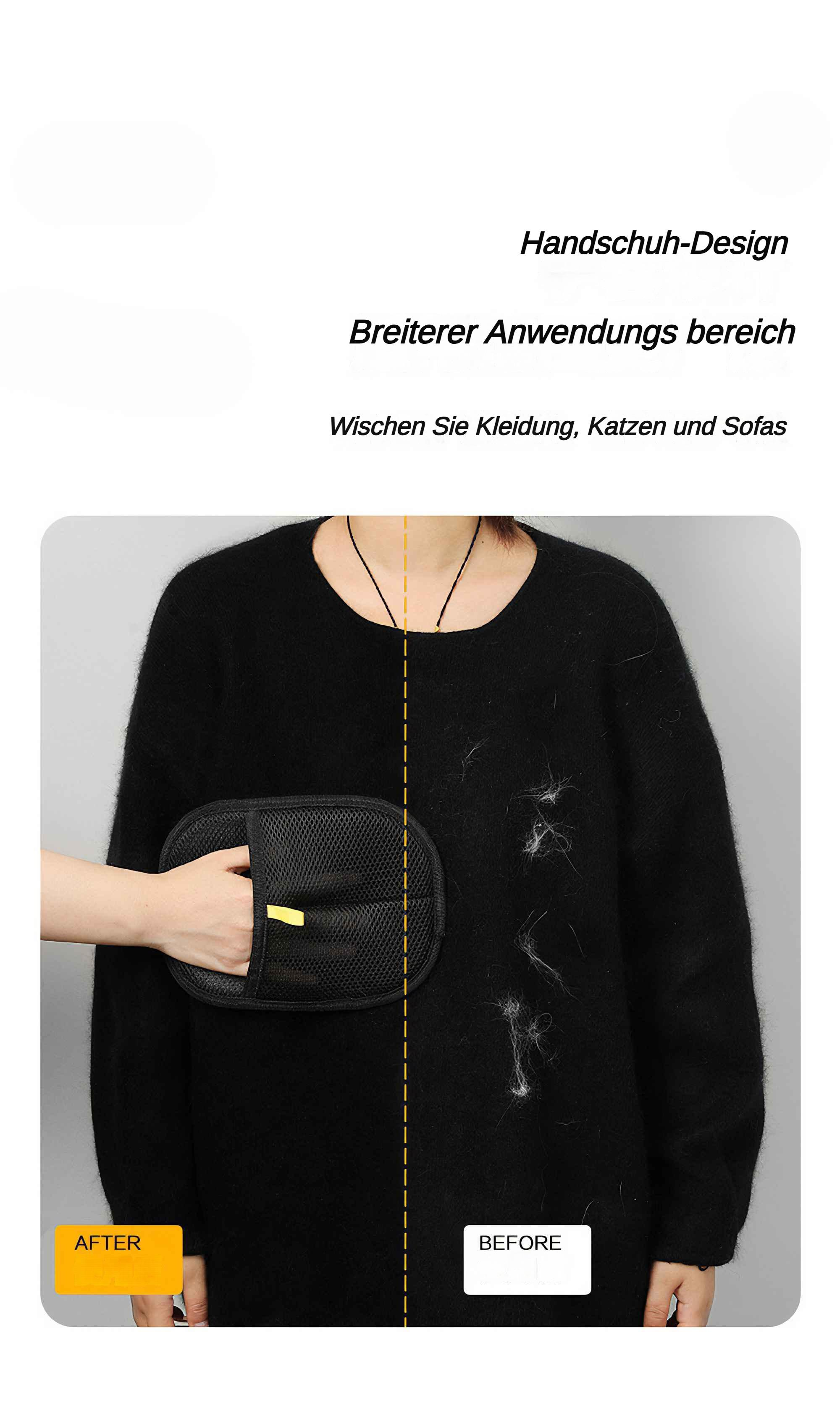 Eine Person benutzt einen schwarzen Handschuh, um Katzenhaare von einem schwarzen Pullover zu entfernen. Vorher-Nachher-Ansicht.