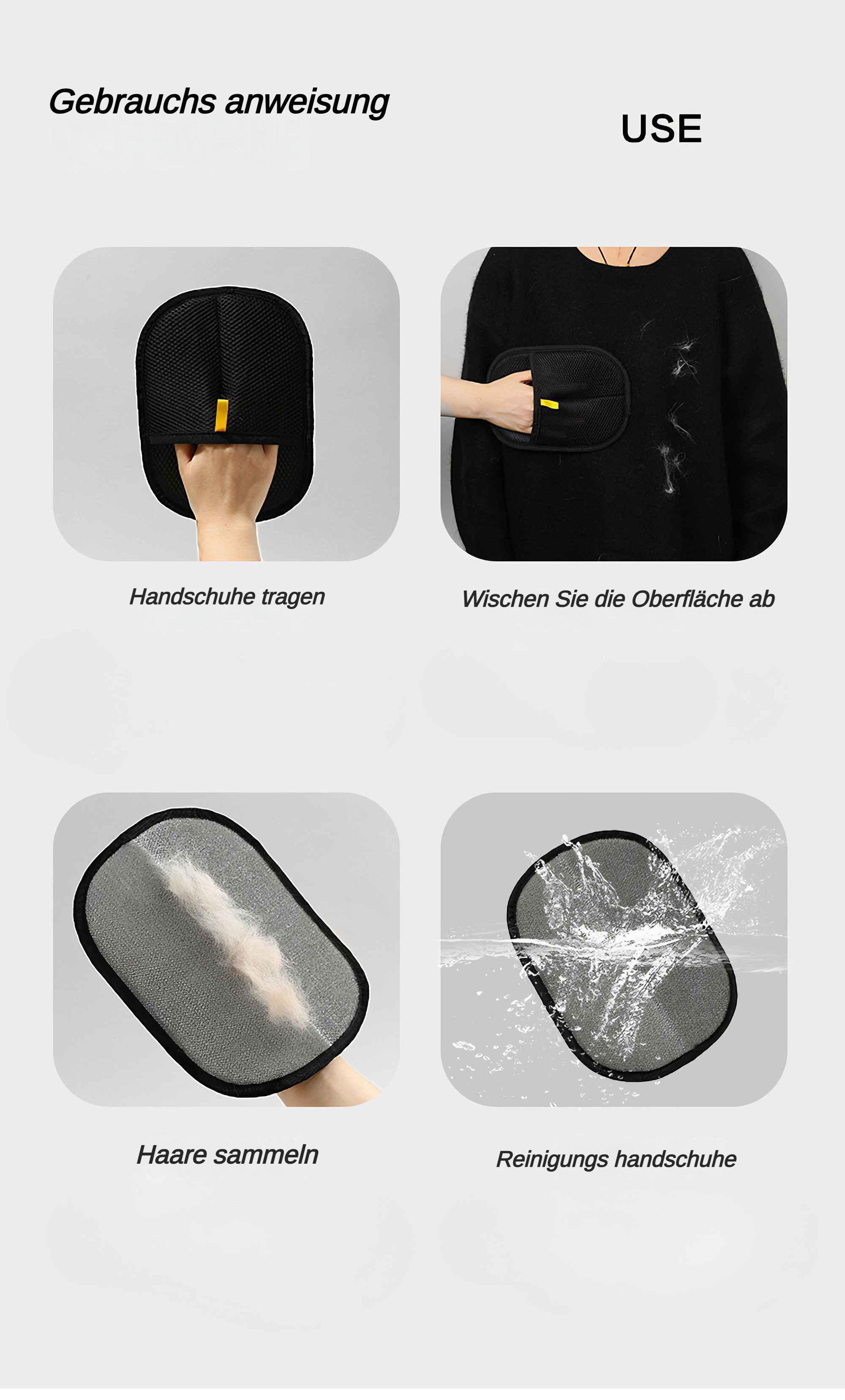 Bilder, die einen schwarzen Handschuh zeigen, mit dem Haare von einem schwarzen Pullover entfernt werden. Der Handschuh wird mit Wasser gereinigt.