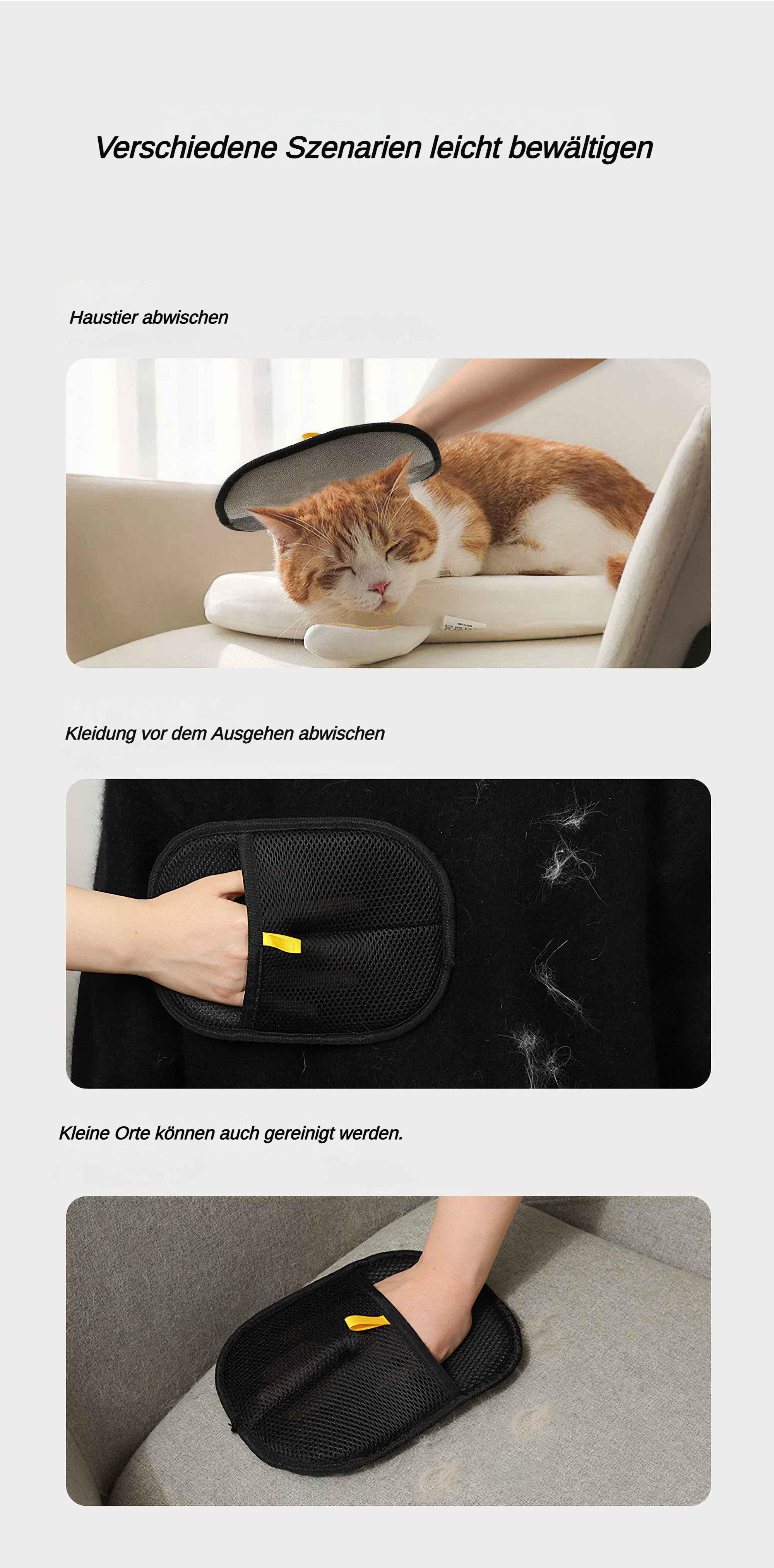 Bildserie, die einen Pflegehandschuh zeigt, der Katzenhaare von einer Katze, Kleidung und einem Sofa entfernt.