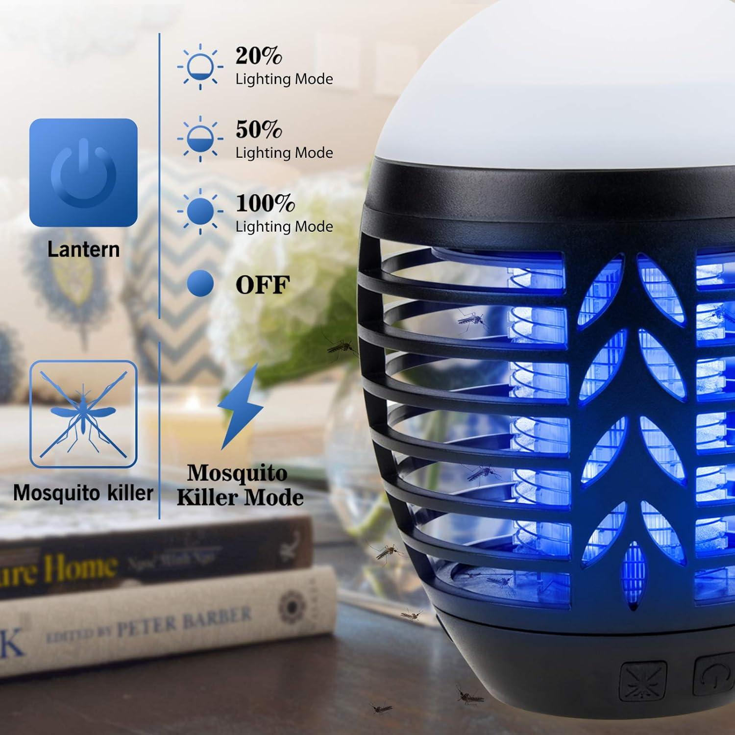 Lampe mit Beleuchtungsmodi und Mückentöter-Modus-Symbolen, mit Tisch.