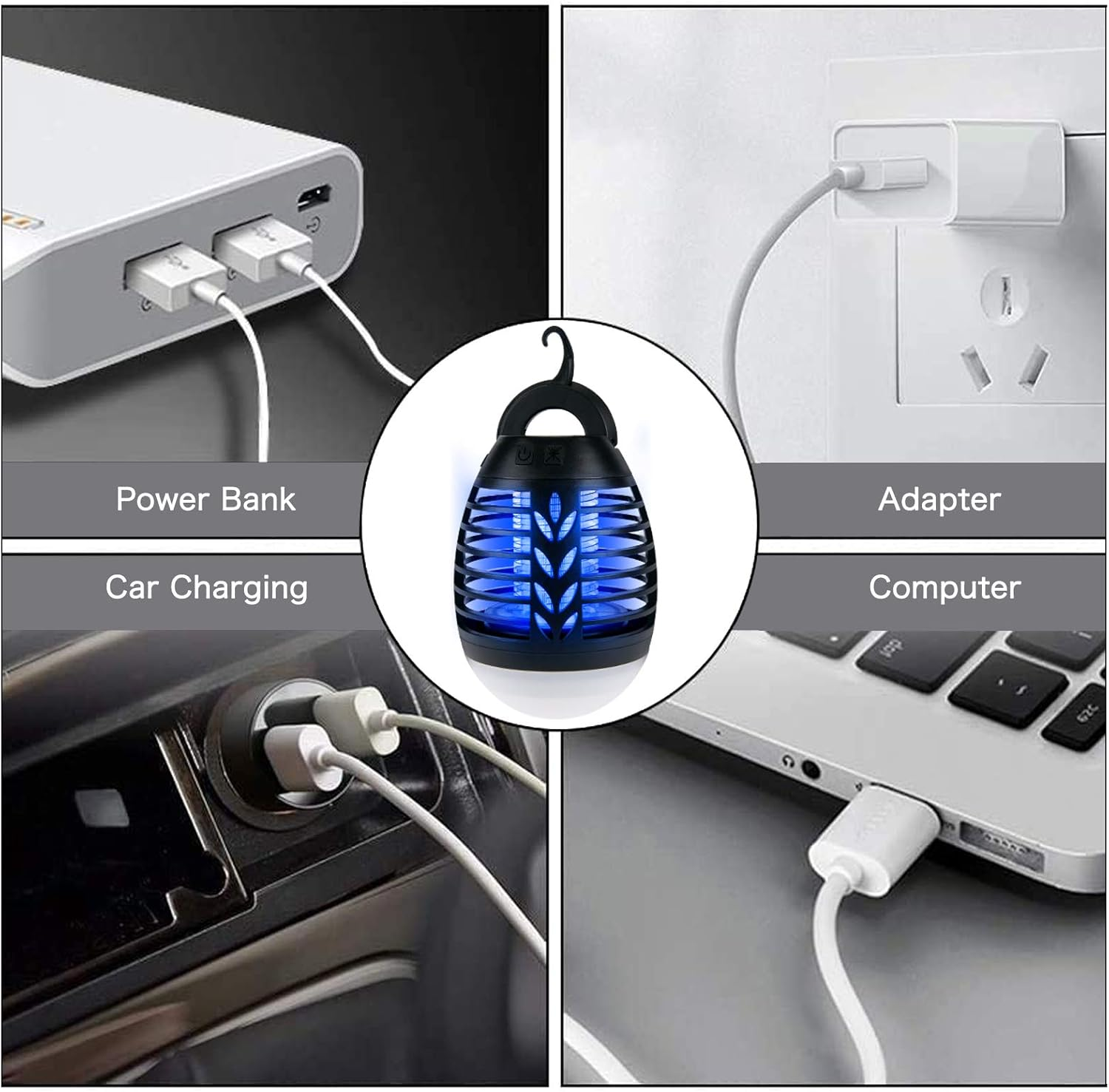Bilder, die zeigen, wie ein Insektenvernichter über verschiedene Methoden aufgeladen wird: Powerbank, Auto, Adapter und Computer.