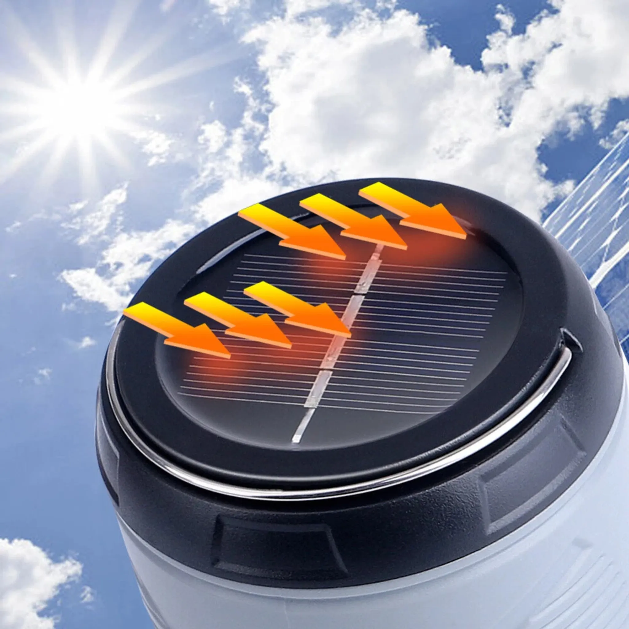 Solarpanel-Lampe mit Pfeilen, die Sonnenlicht anzeigen, und blauem Himmel.