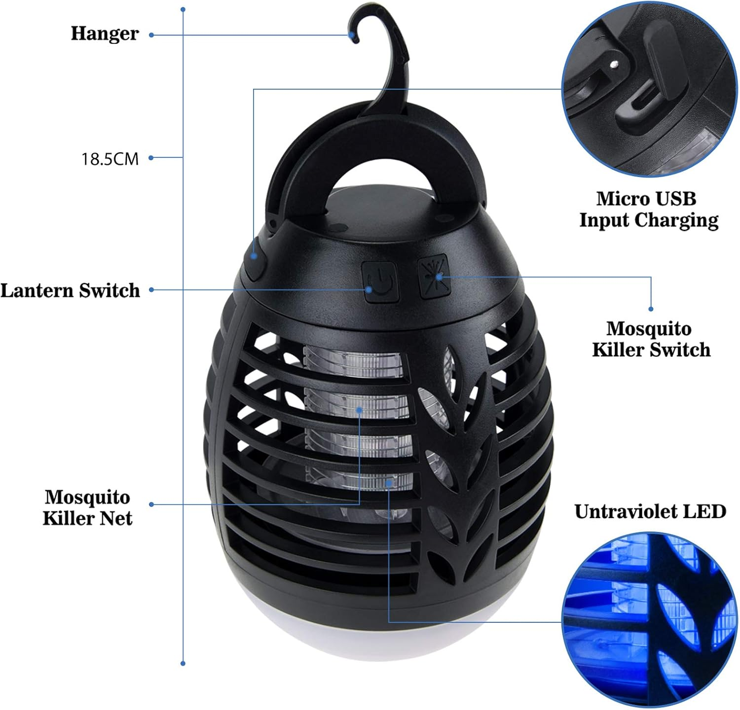 Eine schwarze Lampe mit Aufhänger, USB-Anschluss und Details zum Mückentöter.