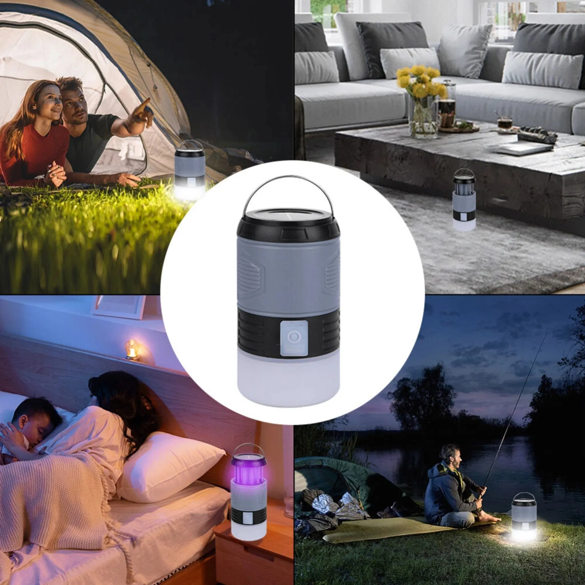 Eine Lampenszene mit verschiedenen Einstellungen: Camping, Wohnzimmer und Nachttisch.