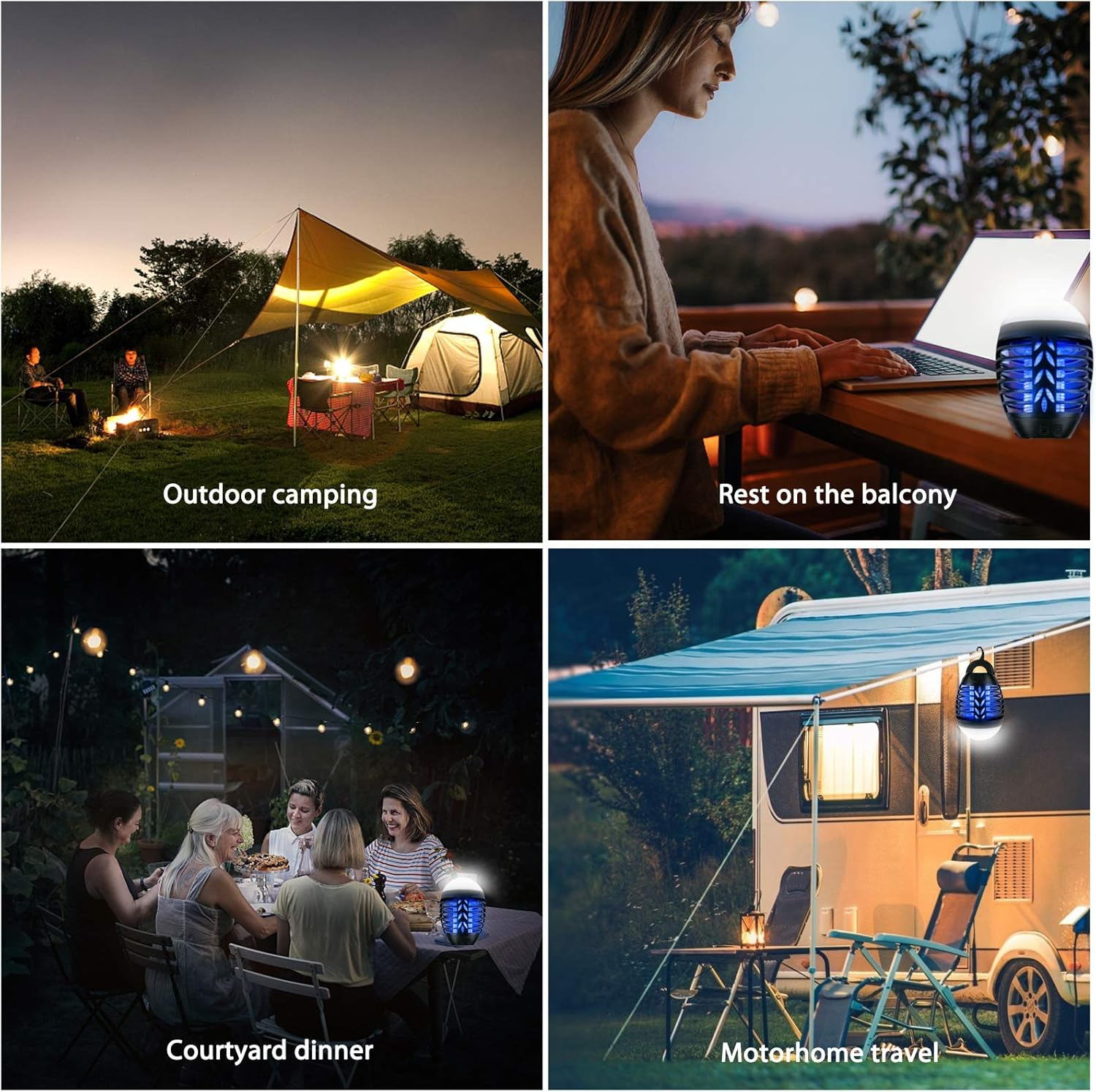 Bilder, die verschiedene Szenarien zeigen, in denen ein Insektenvernichter verwendet wird: Camping im Freien, Balkon, Abendessen und Reisen.