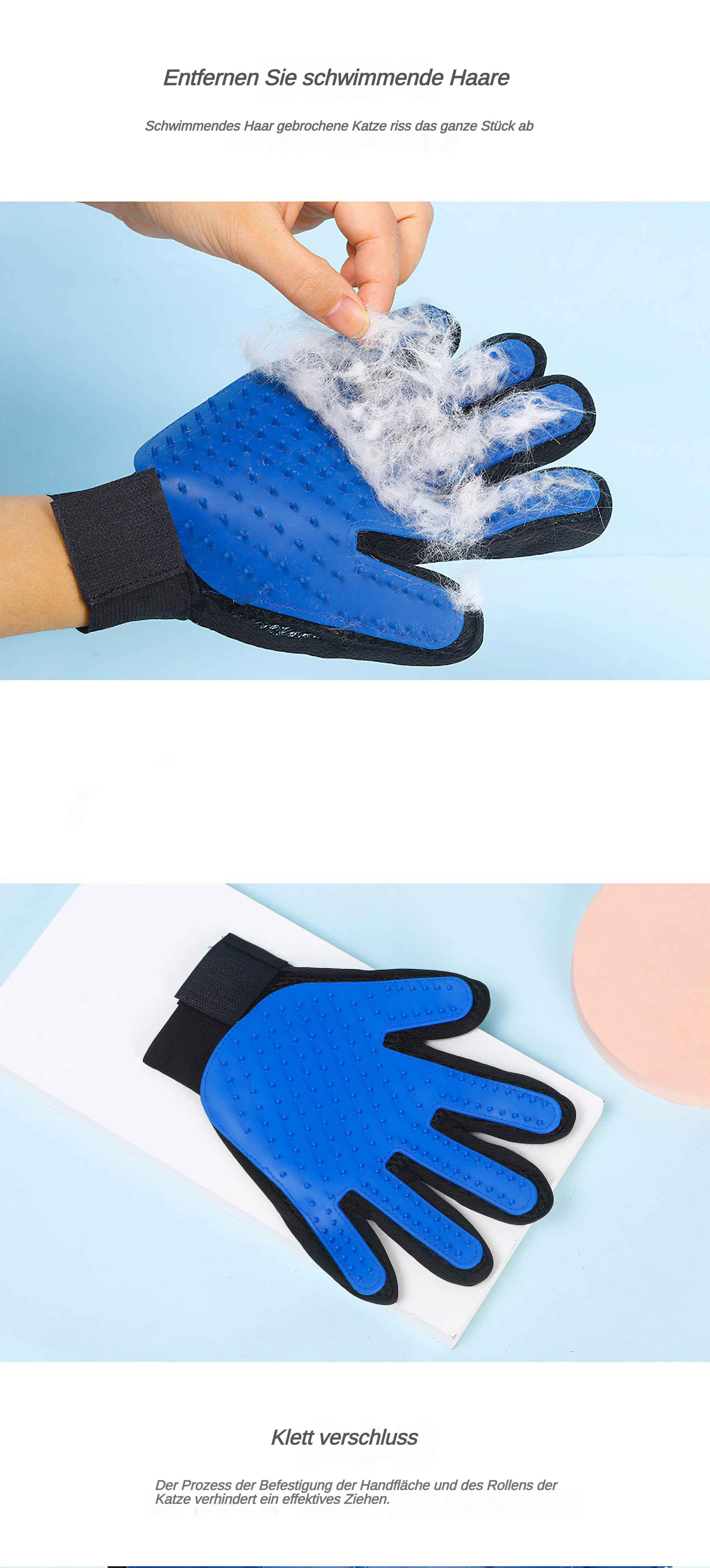Ein blauer Haustierpflegehandschuh mit Gummiknubbeln entfernt Haare. Eine Hand zieht das Fell weg.