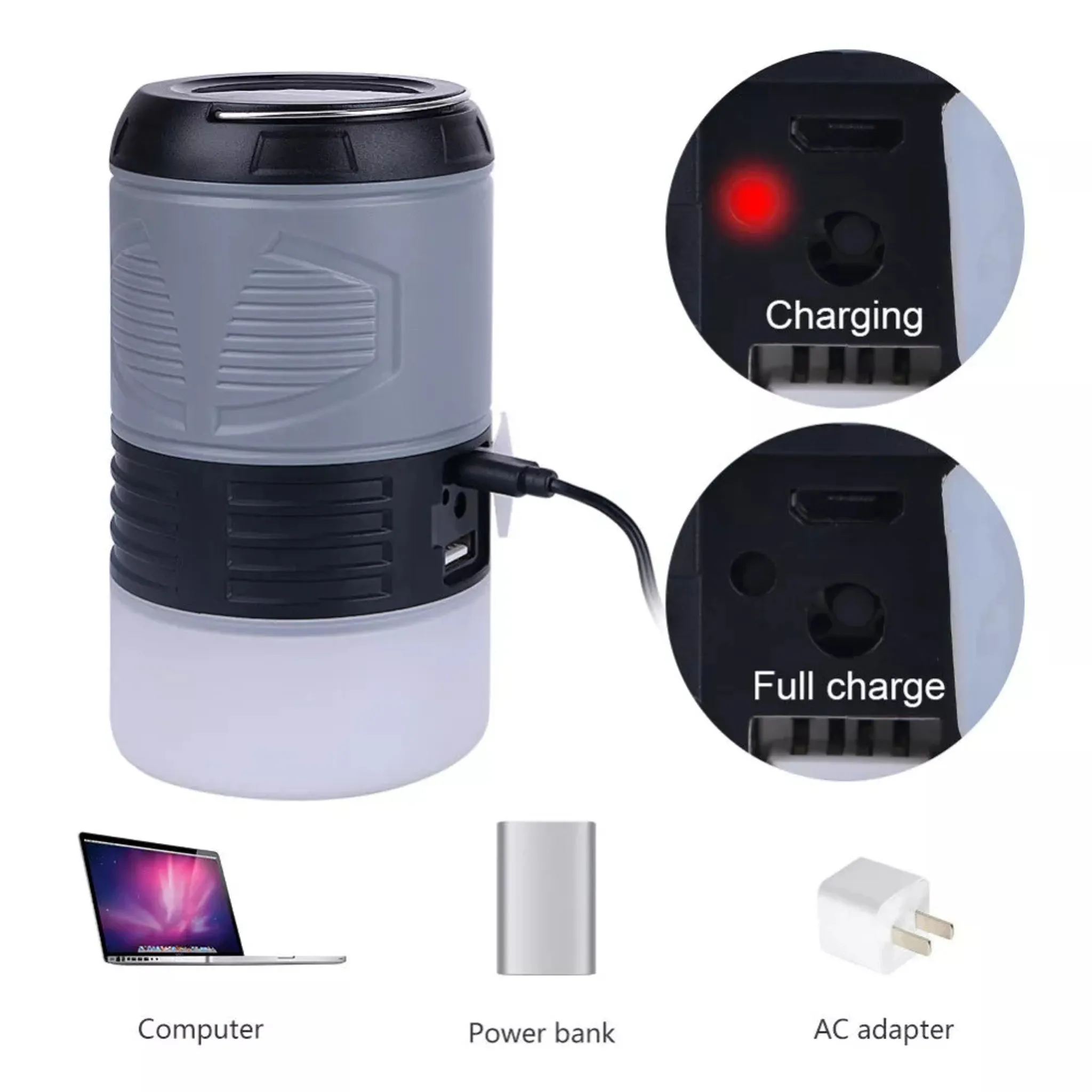 Graue Lampe mit Ladeanzeigen, Laptop, Powerbank und Netzteil werden gezeigt.