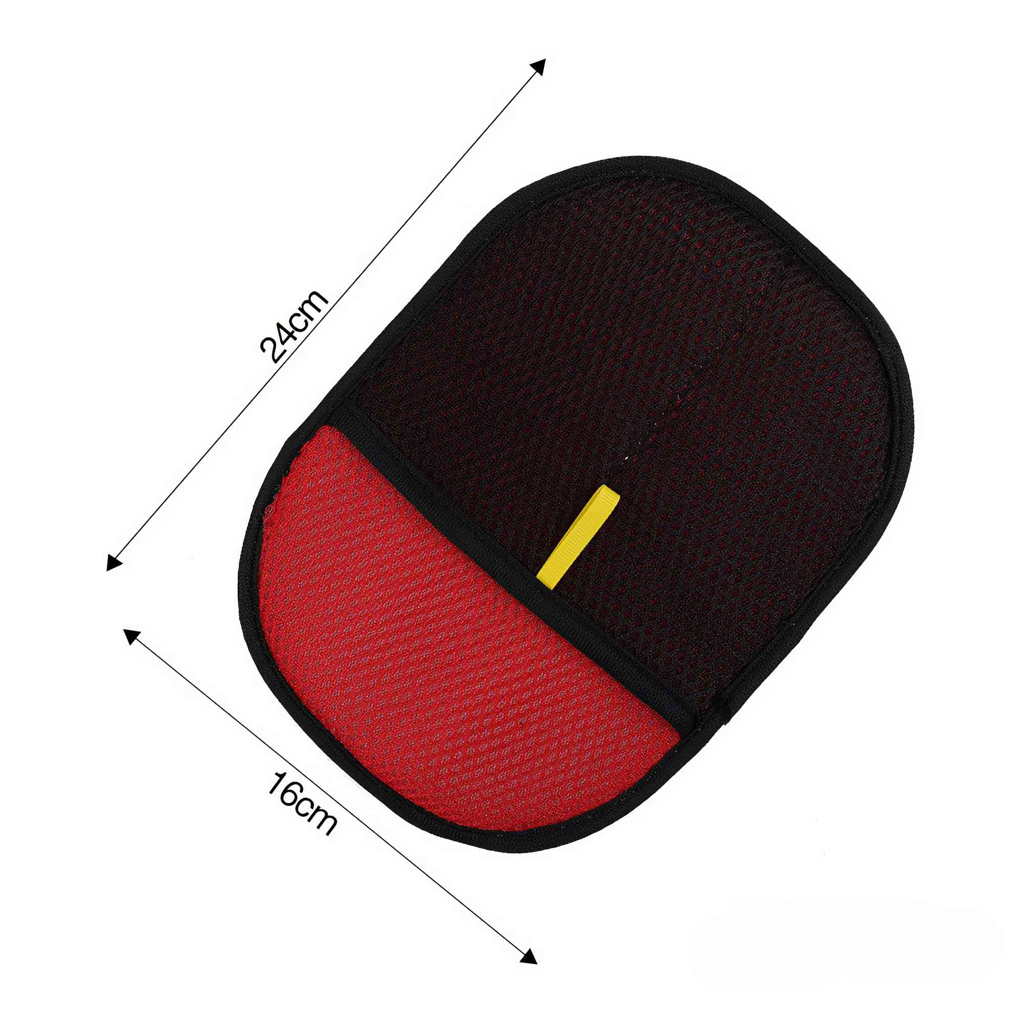 Roter und schwarzer Tiersitzschutz mit Abmessungen und einem gelben Stab.