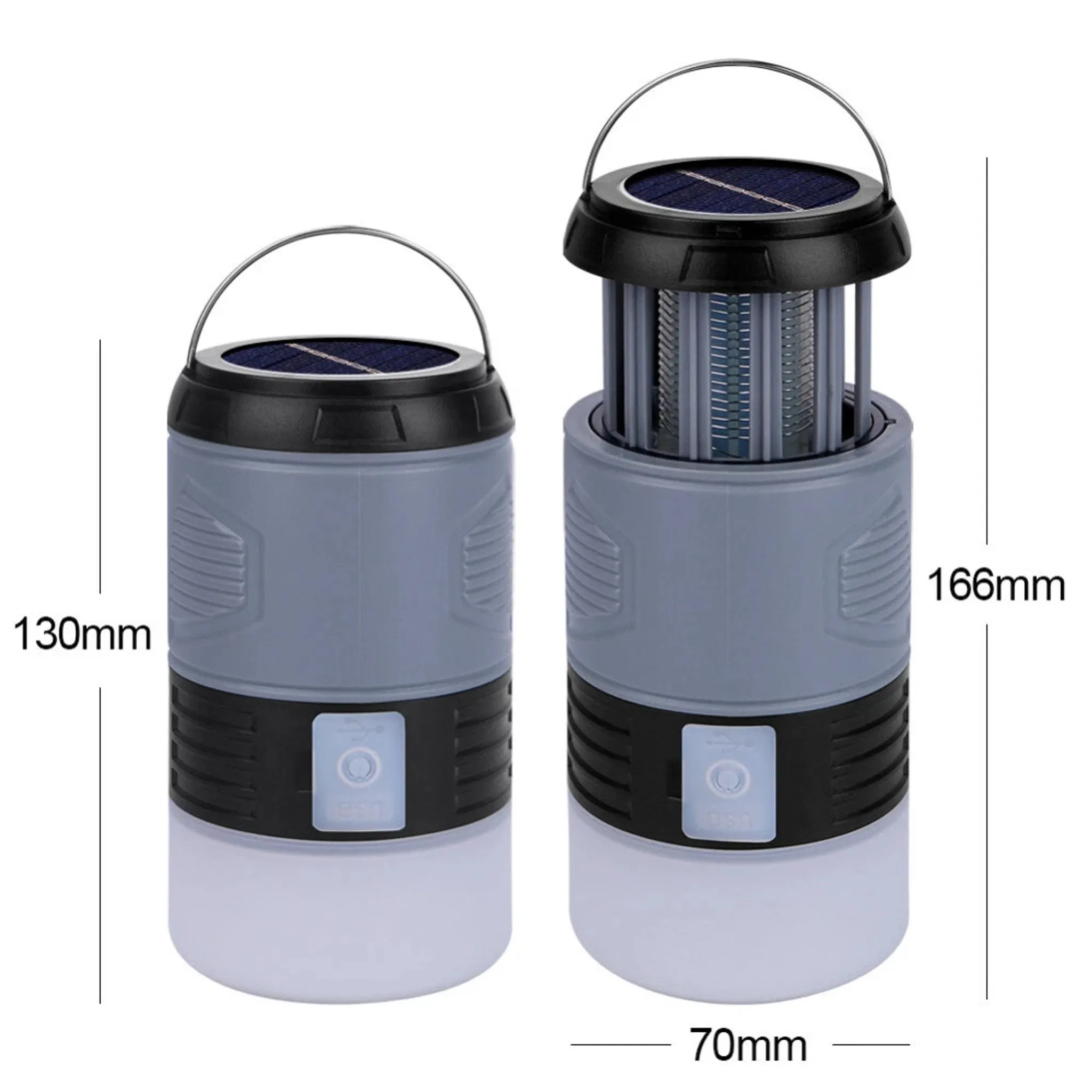 Zwei graue Lampen mit Abmessungen, Sonnenkollektoren und Mückentöter-Funktionen.