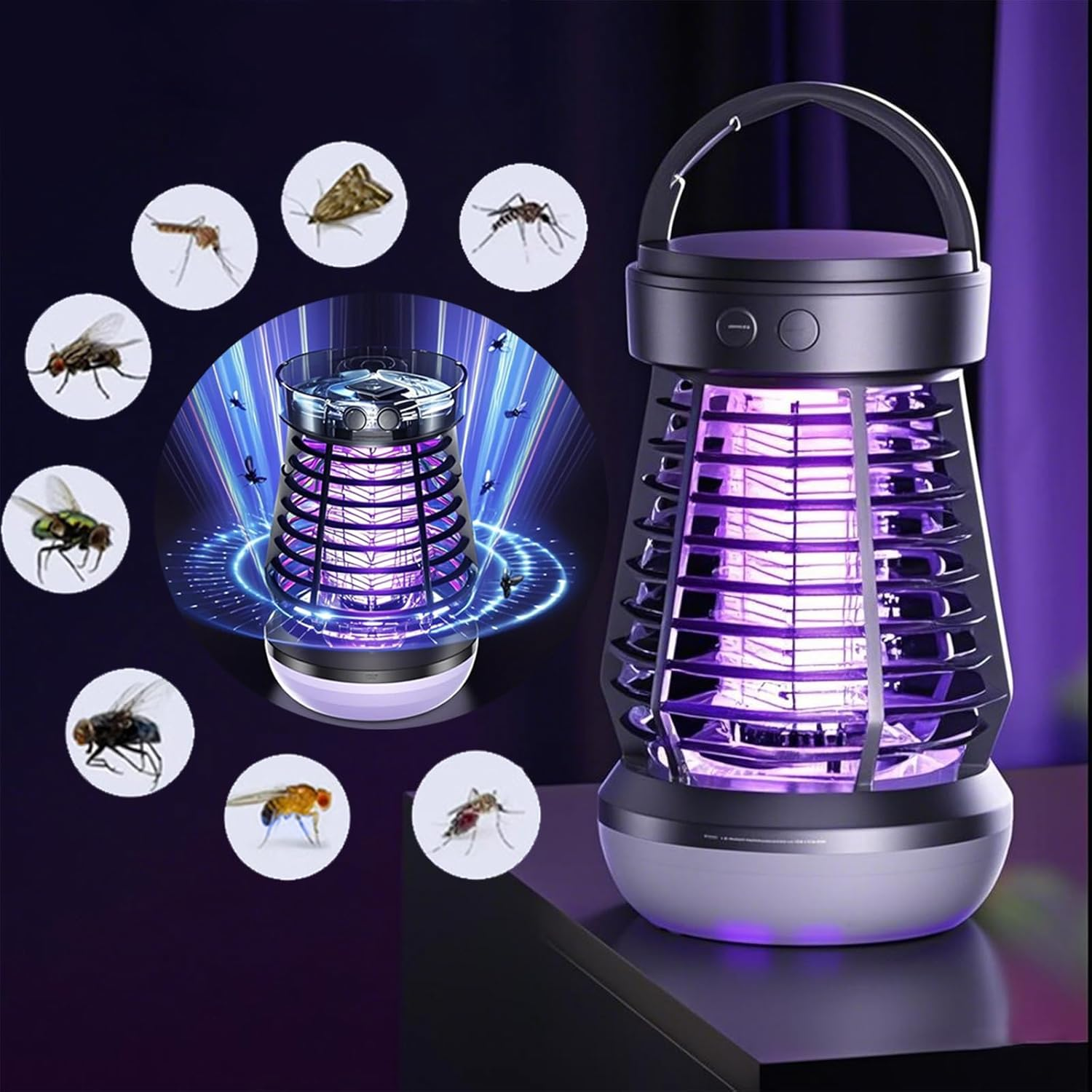 Ein Insektenvernichter mit Insekten drumherum. Der Zapper leuchtet lila. Die Lampe steht auf einem Tisch.