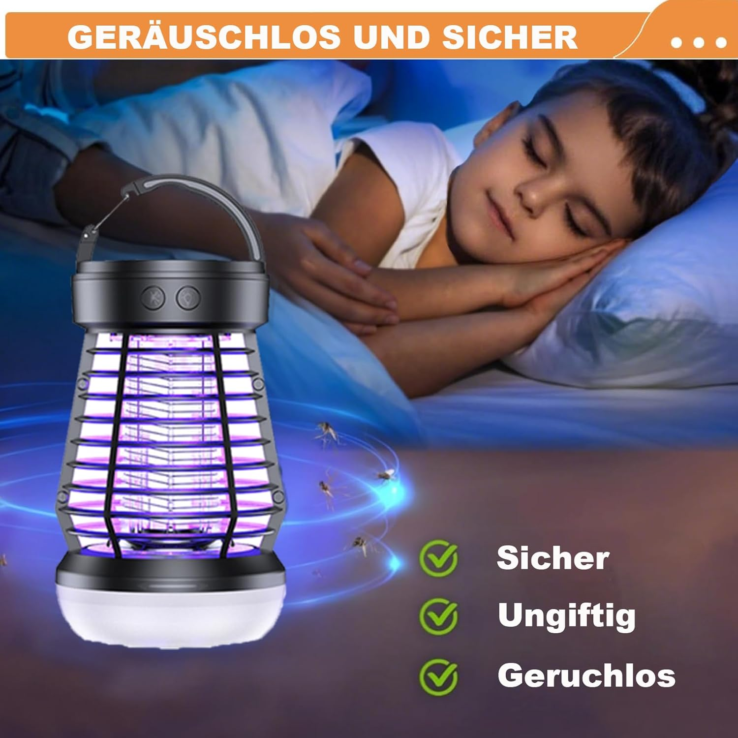 Ein Insektenvernichter neben einem schlafenden Kind mit Text. Der Zapper hat ein paar Käfer um sich herum.