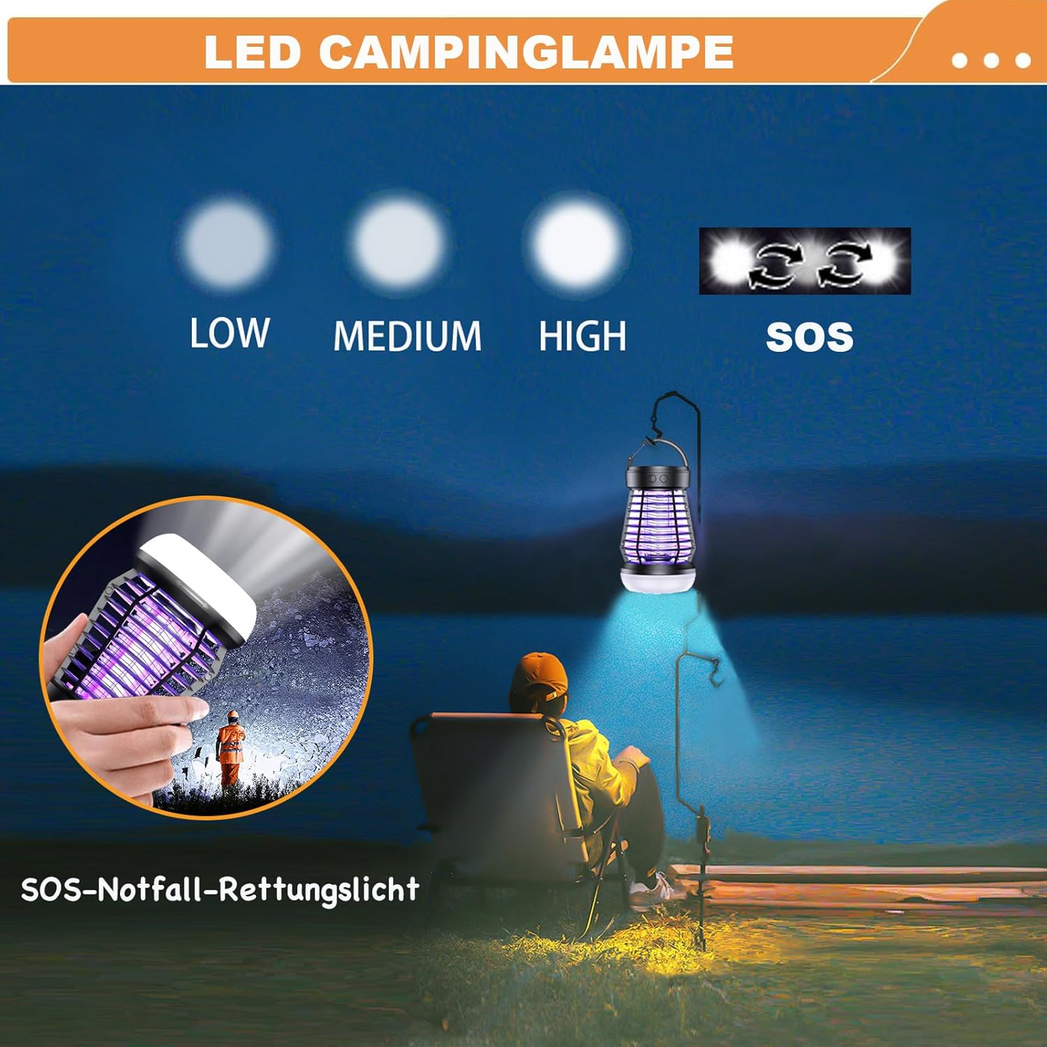 Eine Campinglampe mit Lichteinstellungen. Eine Person sitzt in der Nähe der Lampe. Text: LOW, MEDIUM, HIGH, SOS. Ein kleines Bild zeigt einen Insektenvernichter.
