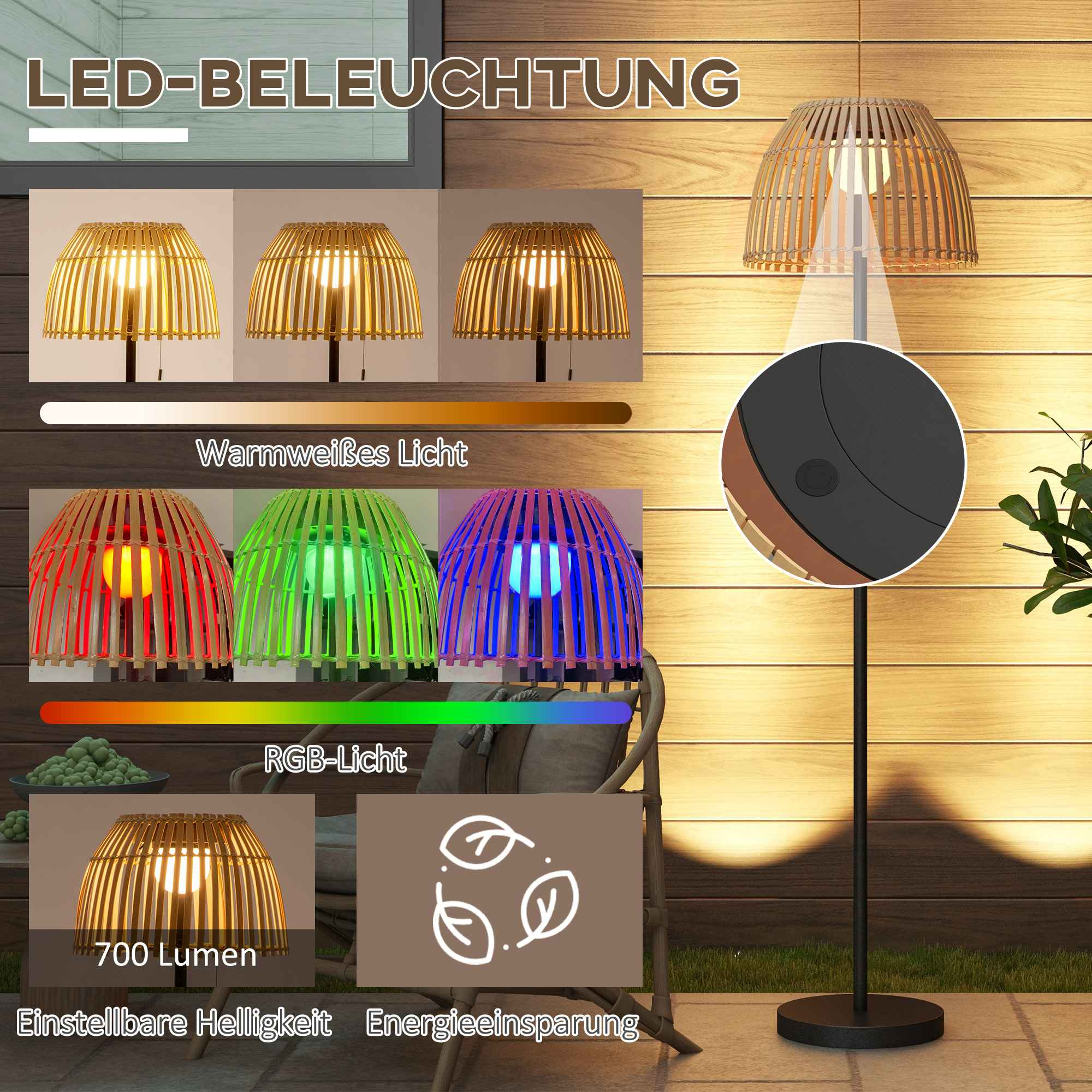 Outdoor-Lampe mit verschiedenen Lichtmodi: warmweiß, rot, grün, blau. Die Lampe hat einen Lampenschirm im Bambus-Stil. Text: Einstellbare Helligkeit, Energieeinsparung.